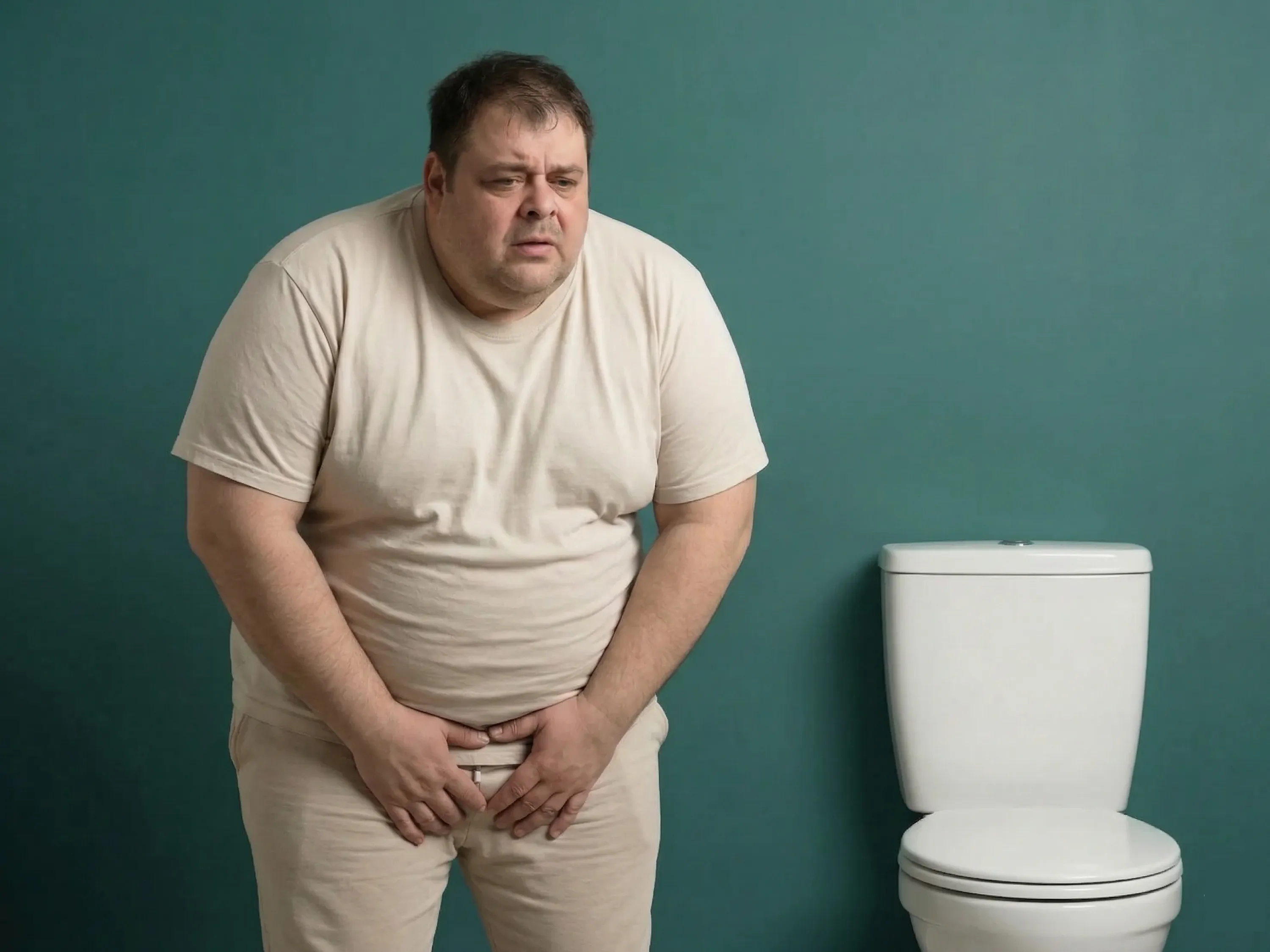 Übergewichtiger Mann mit Inkontinenz durch Übergewicht steht neben Toilette.