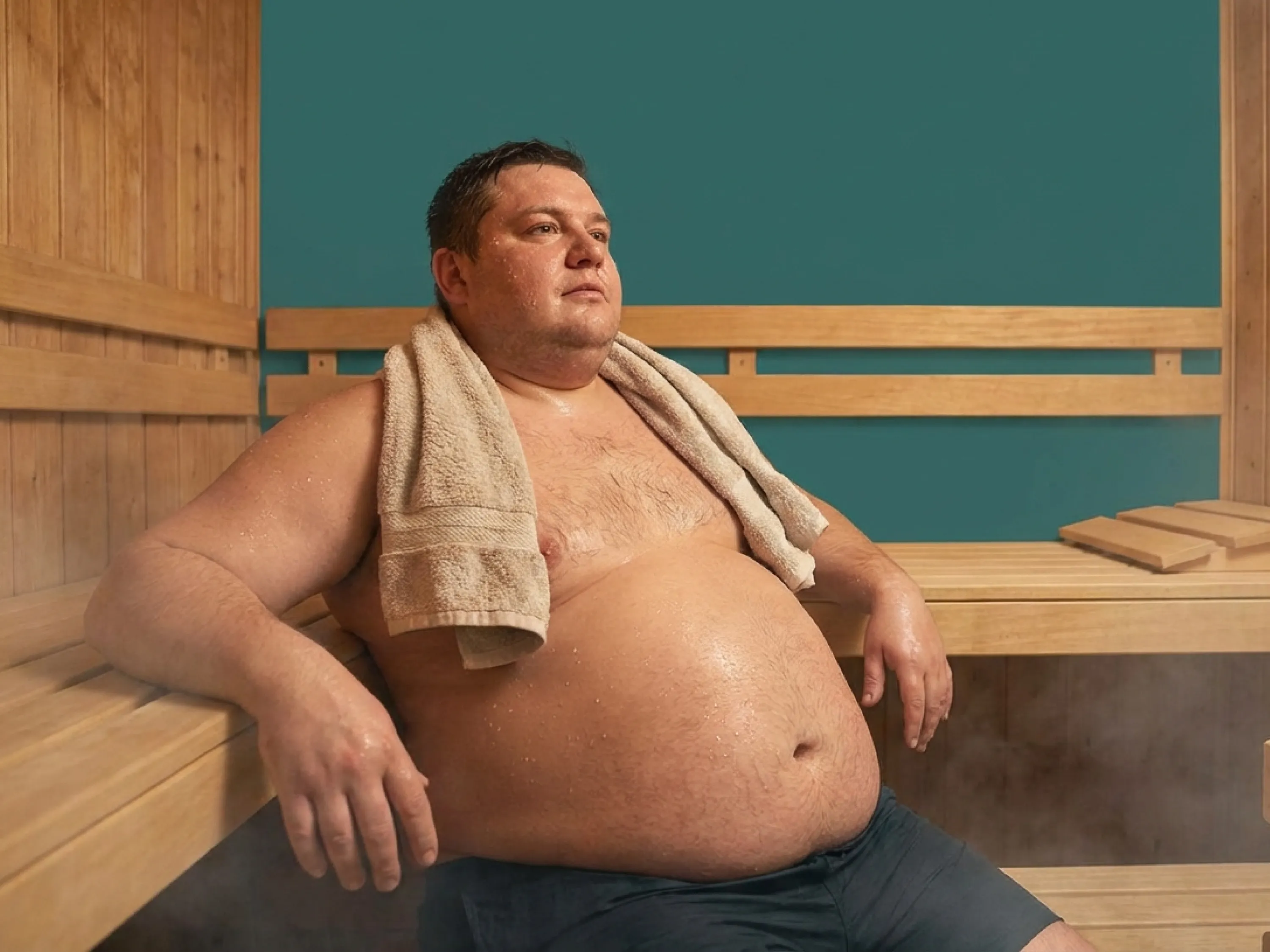 Schwitzender Mann in einer Sauna zur Unterstützung beim Abnehmen mit Sauna.
