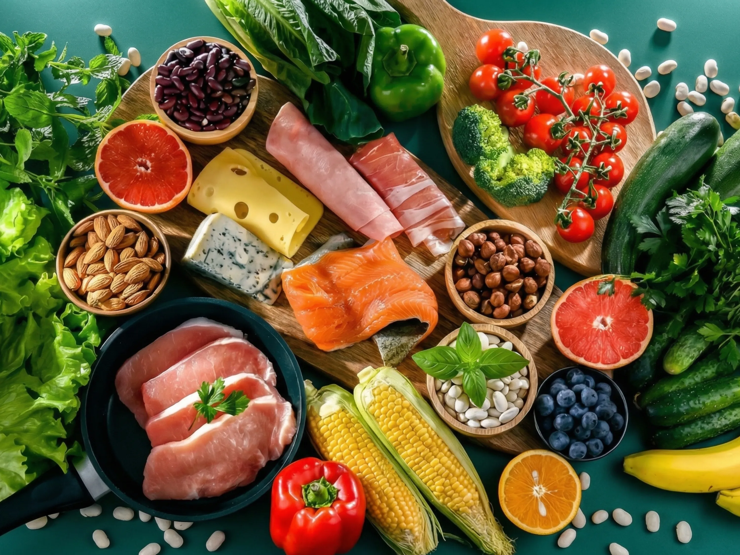 Frische Lebensmittel wie Gemüse, Fisch und Nüsse liefern wichtige Nährstoffe zum Abnehmen und gesunde Ernährung.