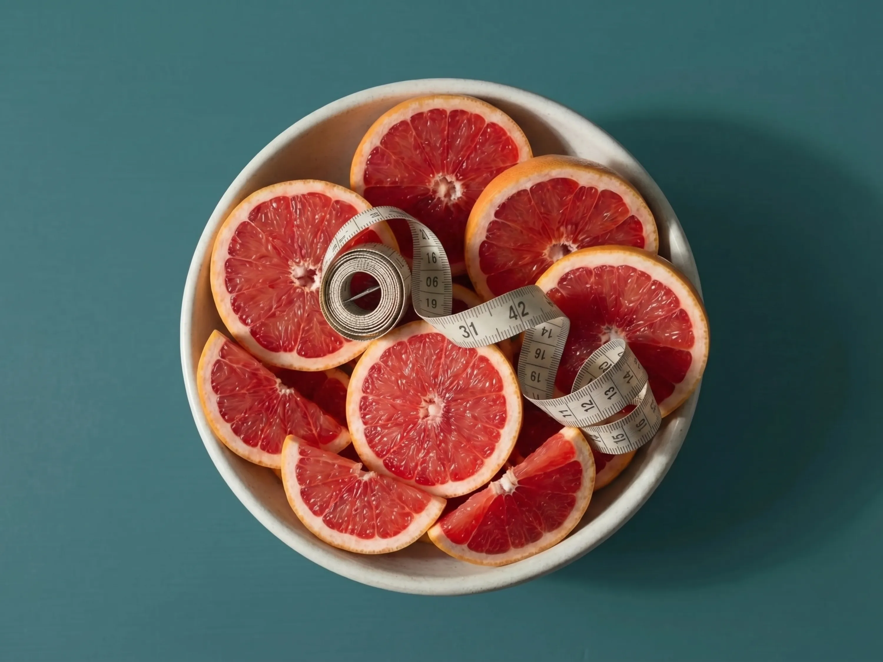 Schüssel mit Grapefruit-Scheiben und Maßband zeigt typische Grapefruit Diät zur Gewichtsreduktion