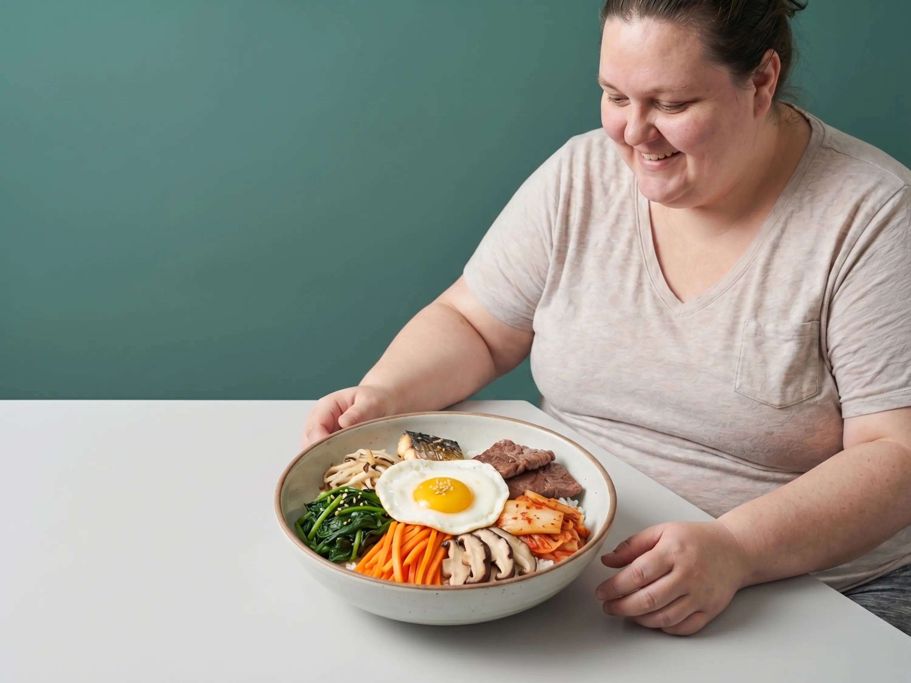 Eine Frau genießt eine gesunde, bunte Schüssel Bibimbap im Rahmen ihrer K-Pop-Diät.