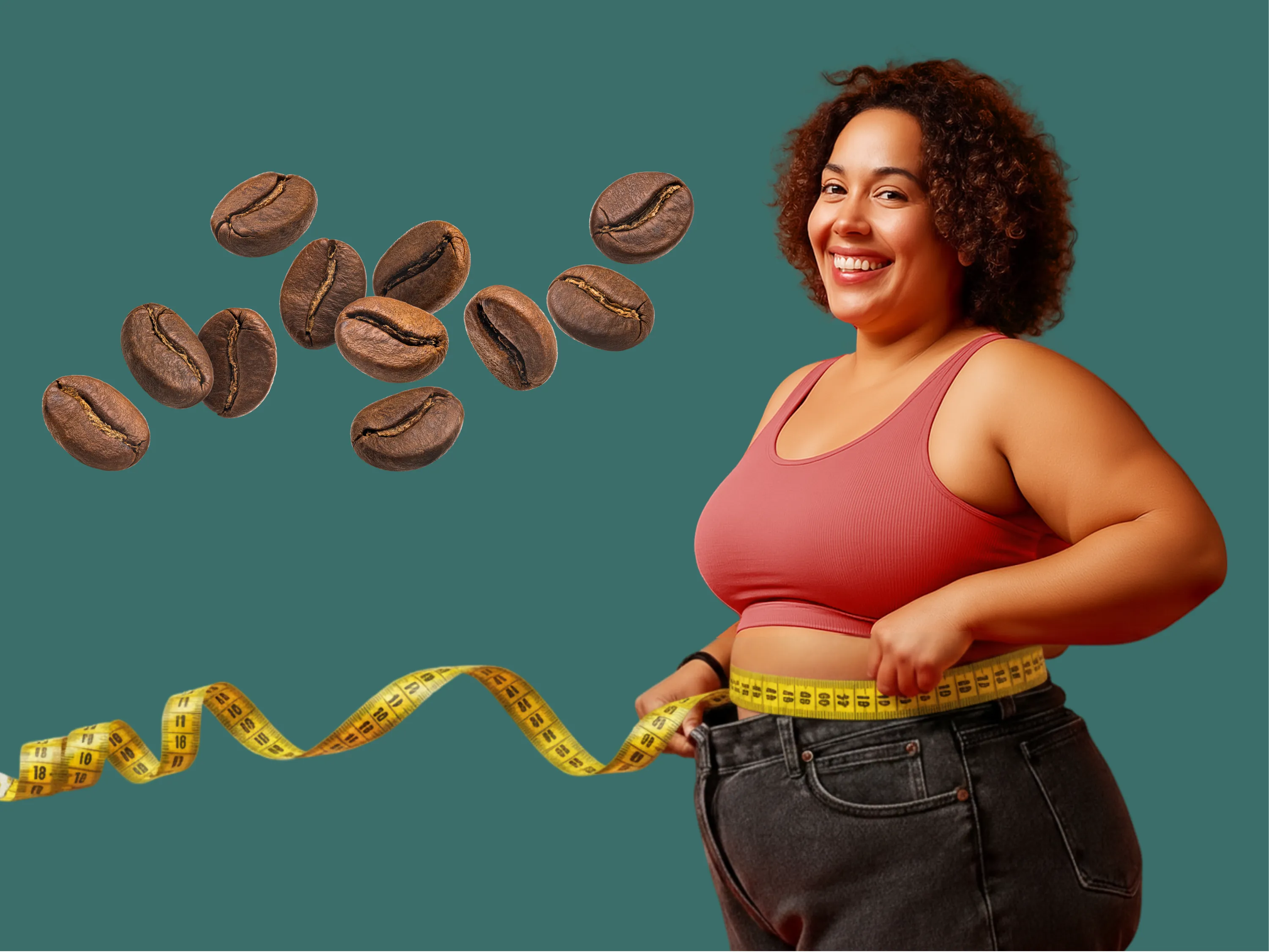 Eine lächelnde Frau mit Übergewicht hält ein Maßband, neben ihr Kaffee, als Symbolbild für Kaffee zum Abnehmen.