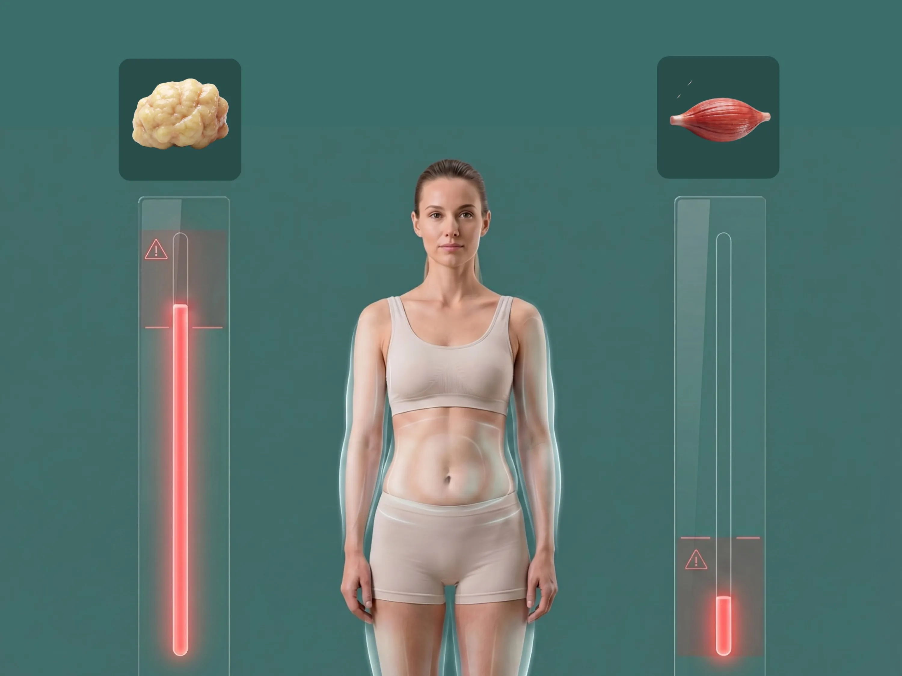 Die Grafik veranschaulicht das Phänomen Skinny Fat mit niedrigem Muskel- und hohem Fettanteil.