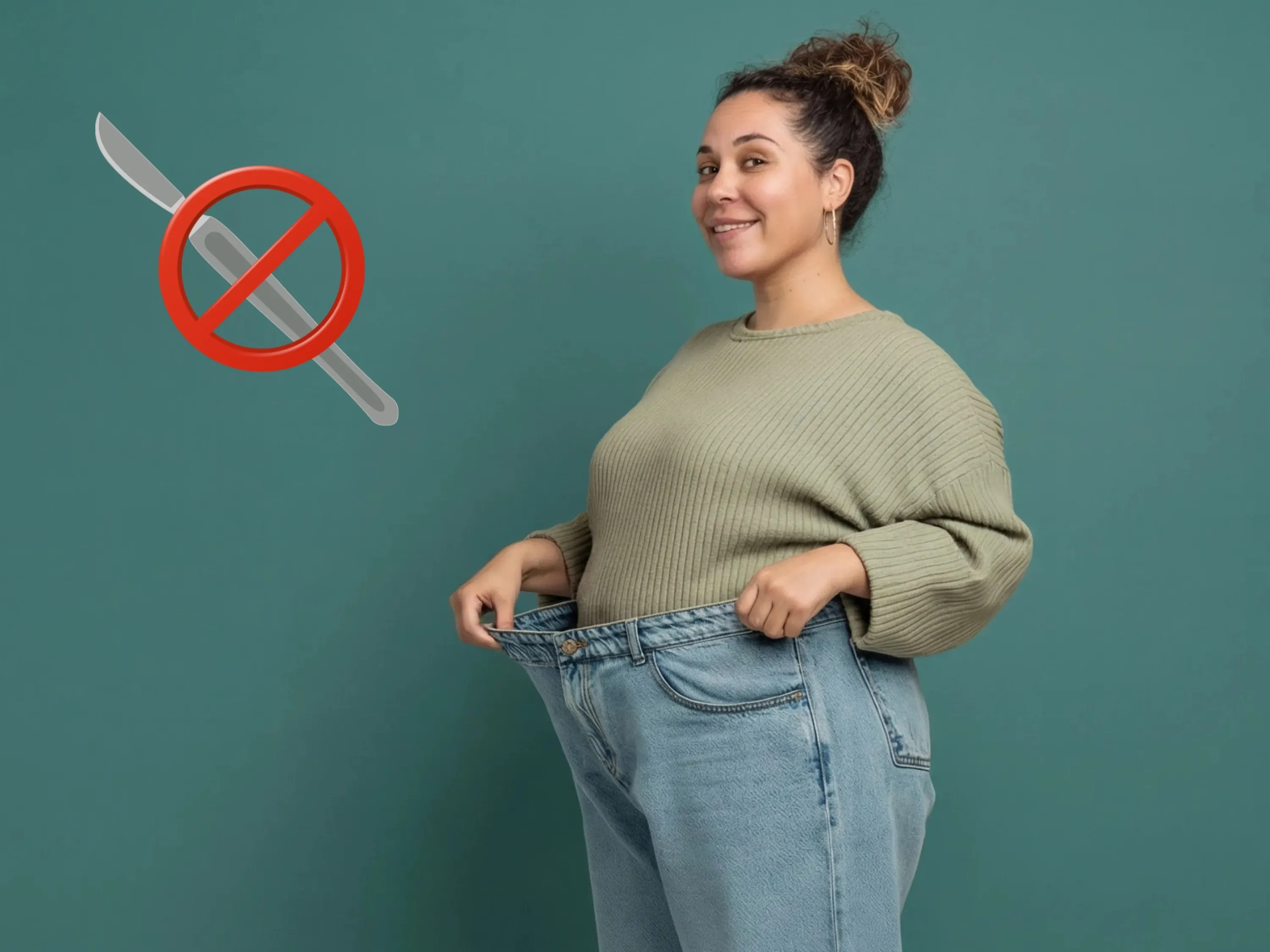 Eine glückliche Frau präsentiert ihre zu weite Jeans und zeigt den Erfolg beim Abnehmen ohne OP.