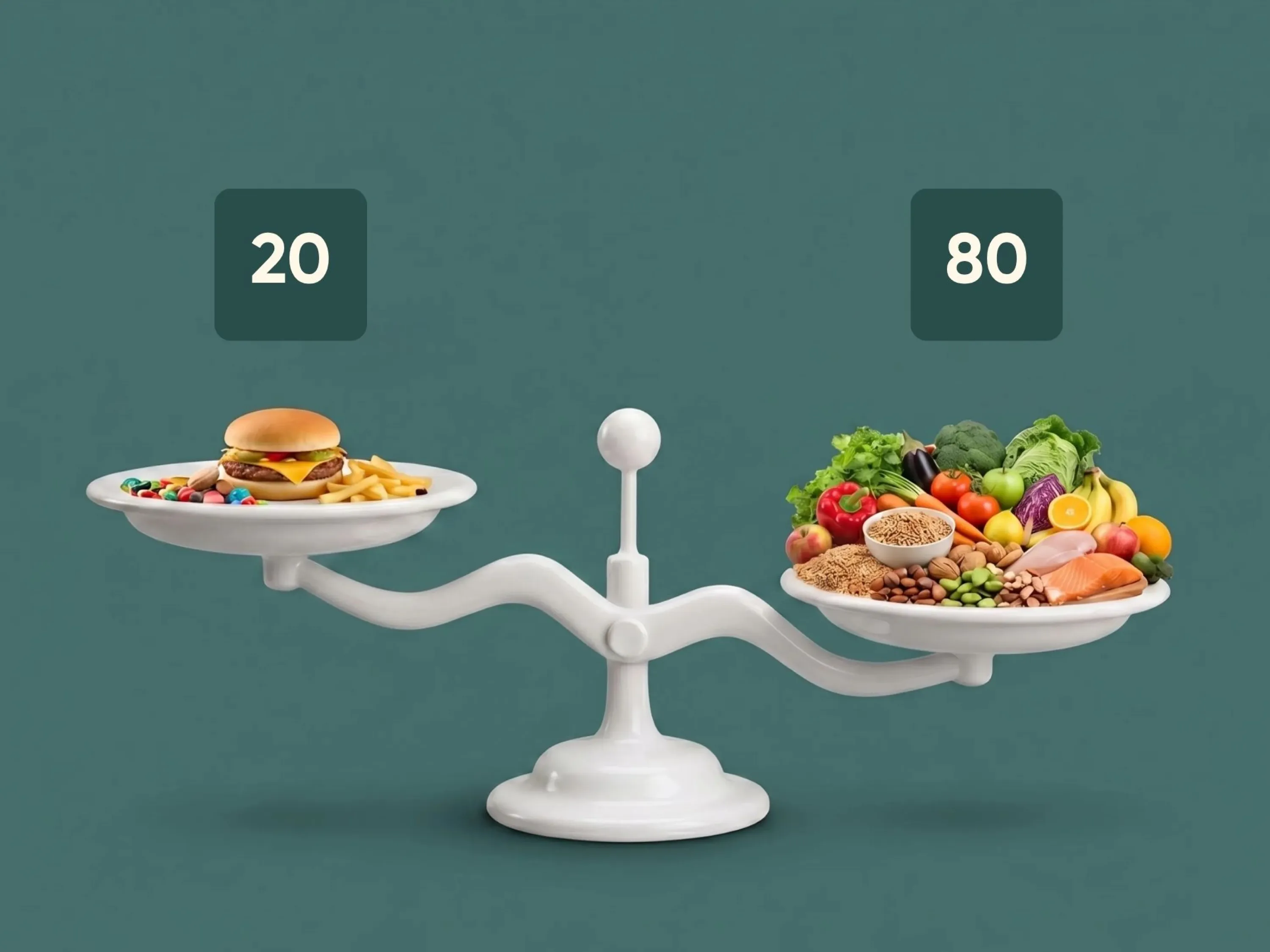 Eine Waage zeigt die Verteilung nach der bekannten 80-20-Regel in der Ernährung.