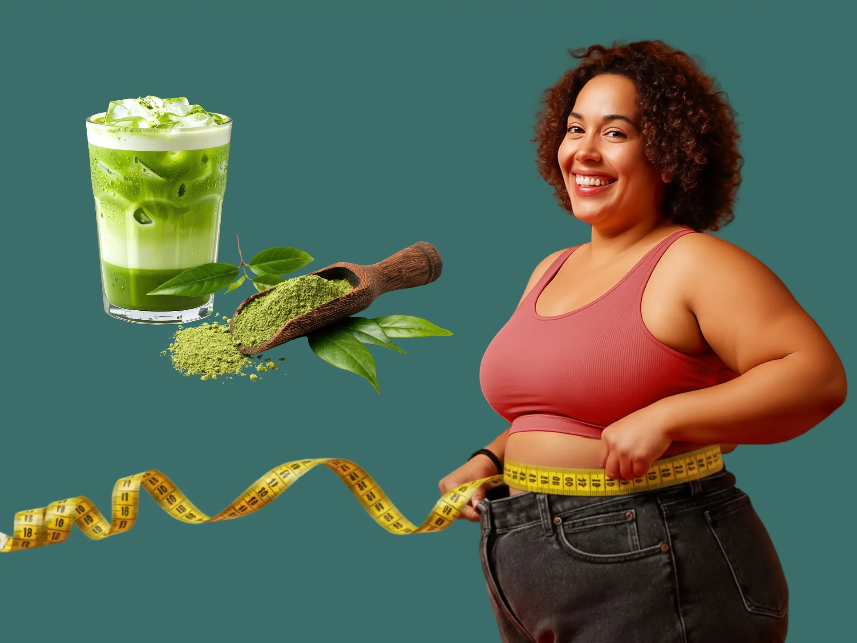 Eine glückliche Frau hält ein Maßband, neben ihr Matcha-Tee als Symbolbild für das Abnehmen mit Matcha.
