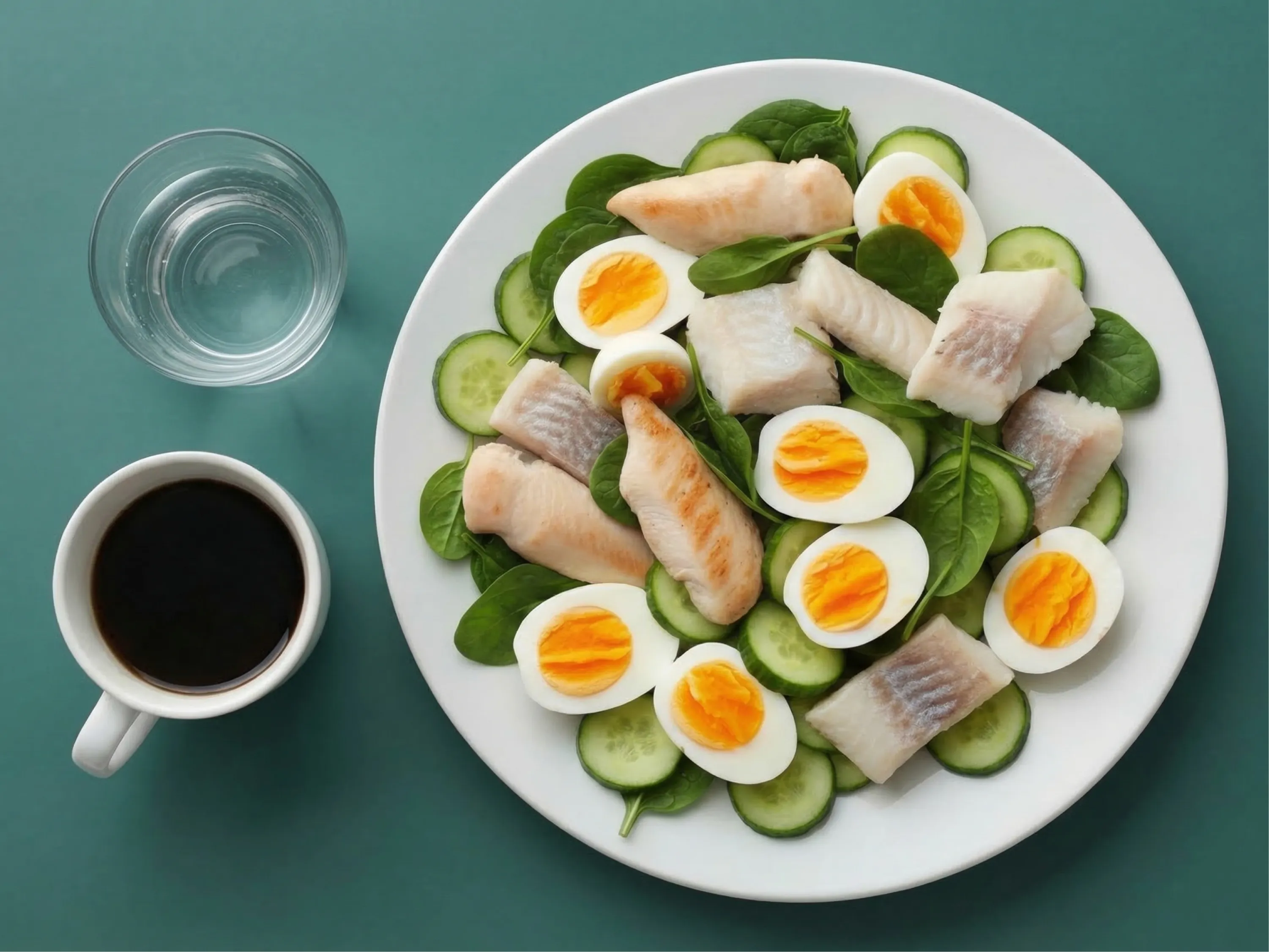 Teller mit Fisch, gekochten Eiern, Gurke und Spinat, daneben Kaffee und Wasser als Symbolbild für die Crash-Diät.