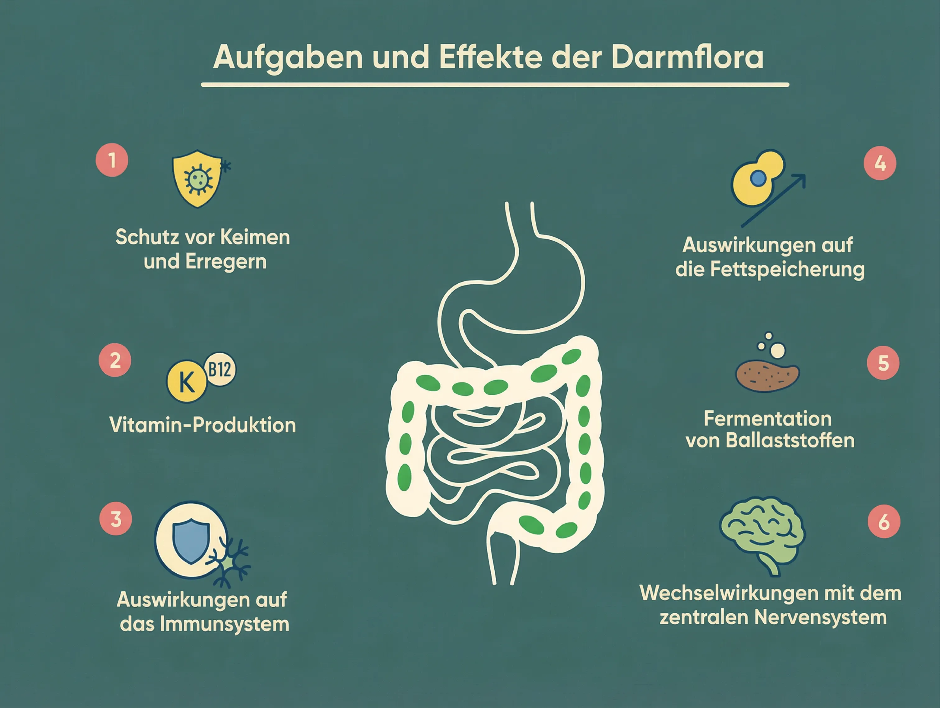 Grafik zeigt Funktionen der Darmflora und wie das Darmmikrobiom Immunsystem, Verdauung und Stoffwechsel beeinflusst