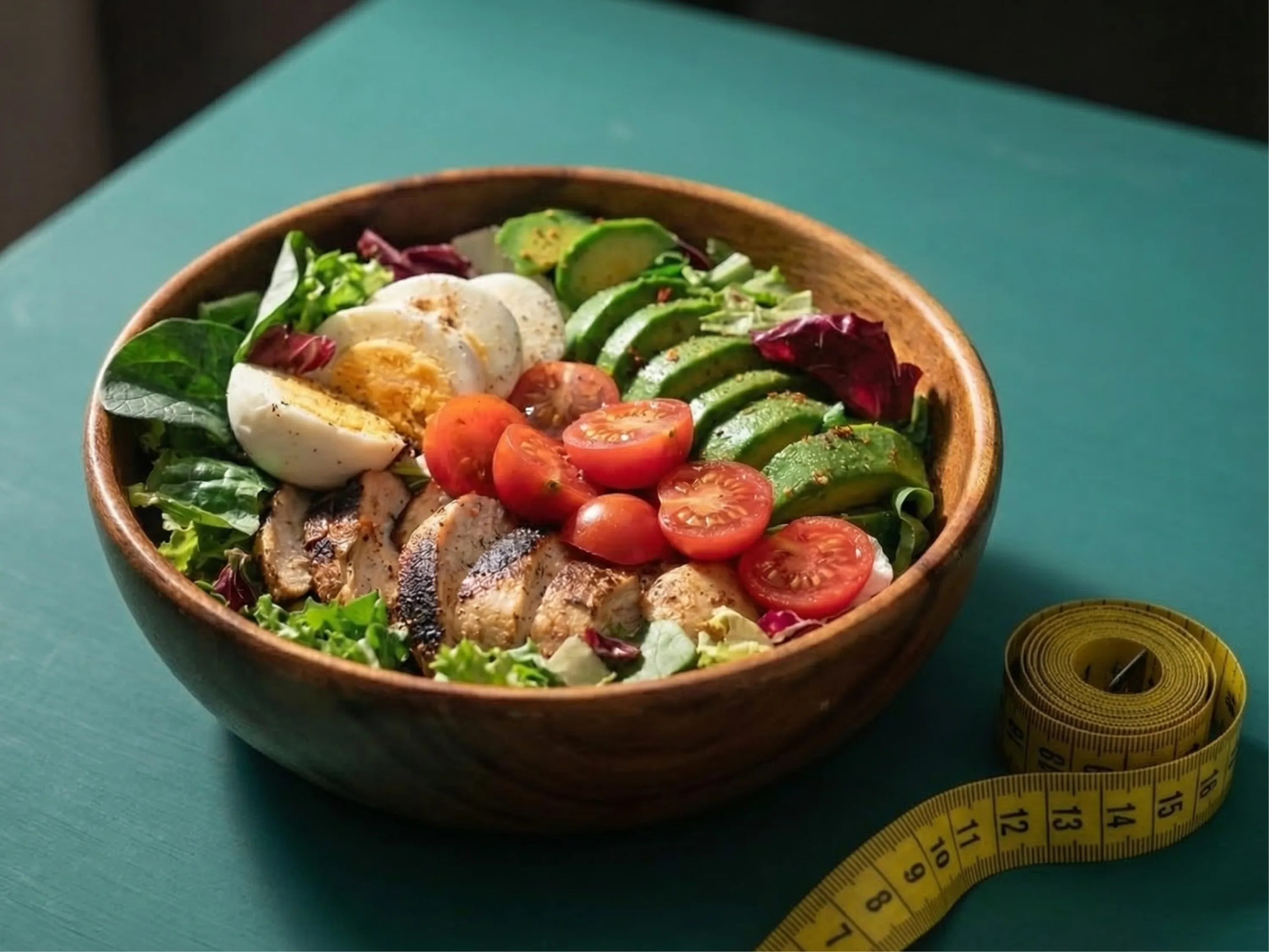 Gesunde Bowl mit Hähnchen, Ei und Avocado passend zur Max-Planck-Diät für eiweißreiche Ernährung.