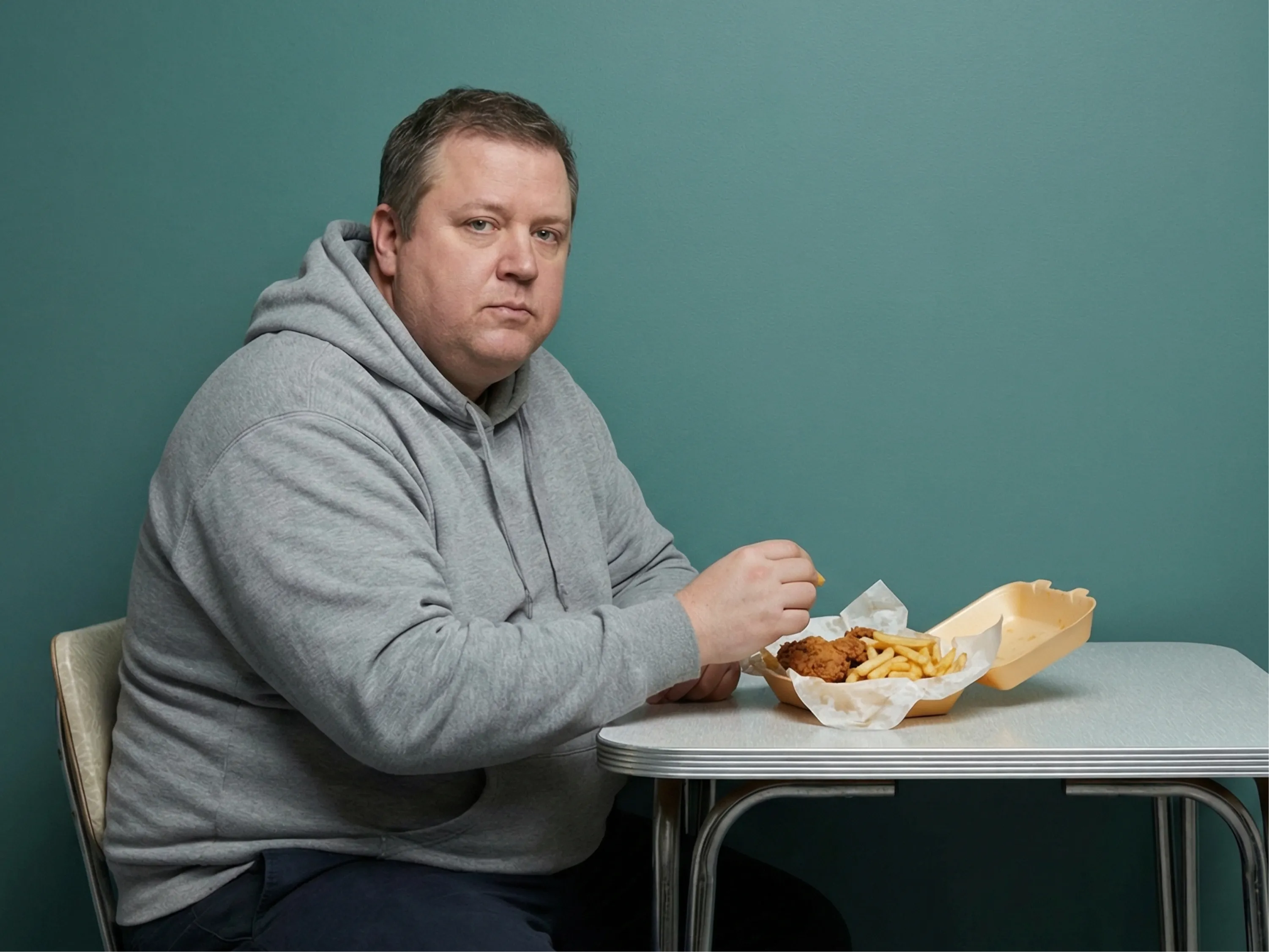 Mann sitzt am Tisch und isst Fast Food, emotionales Essen wirkt sich auf Essverhalten und Gewicht aus.