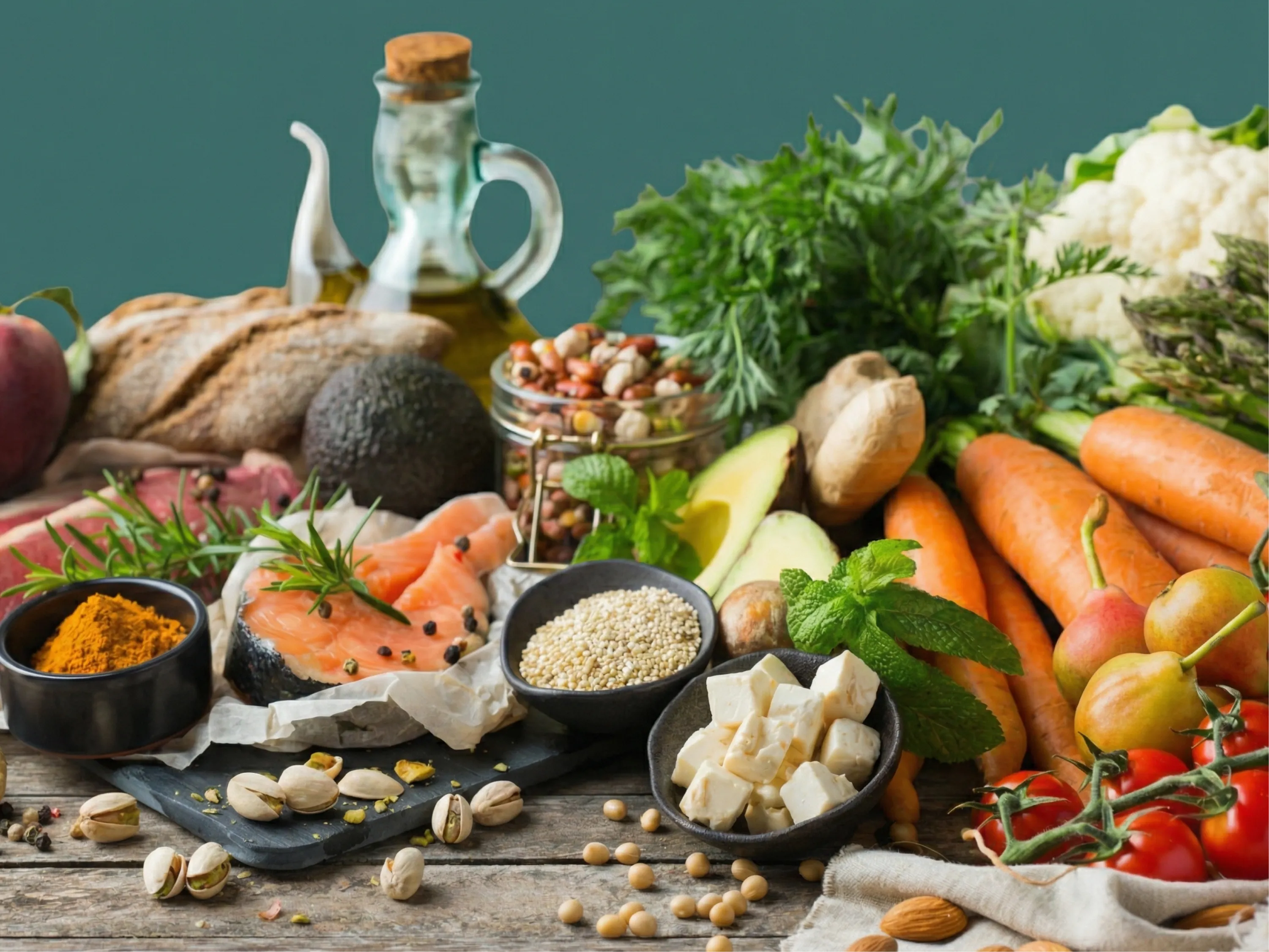 Auswahl an entzündungshemmenden Lebensmitteln wie Gemüse, Obst, Nüsse, Fisch und Gewürze auf einem Holztisch