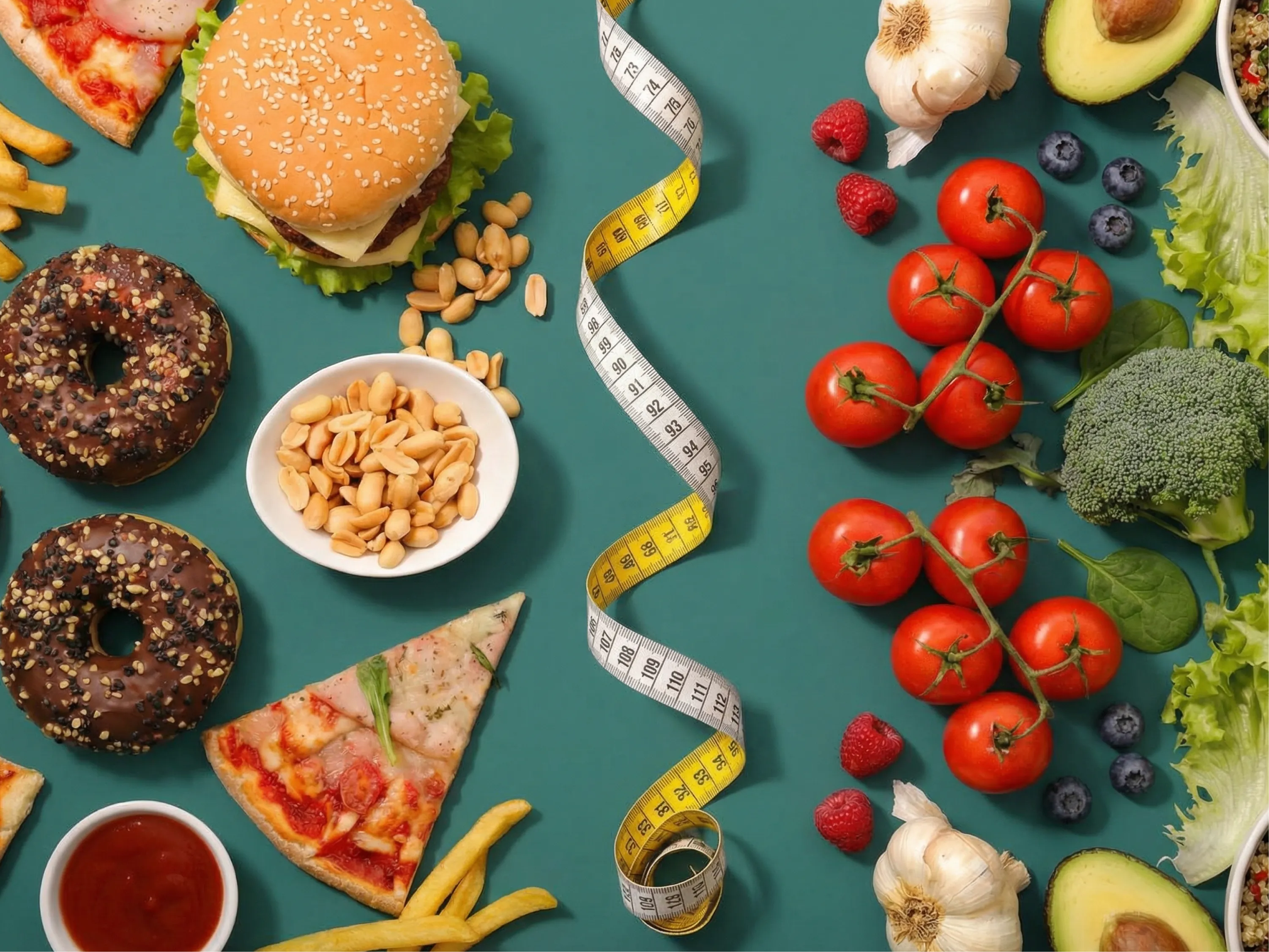 Ernährungsumstellung zeigt ungesunde Snacks links und frisches Gemüse sowie Obst rechts durch ein Maßband in der Mitte getrennt.