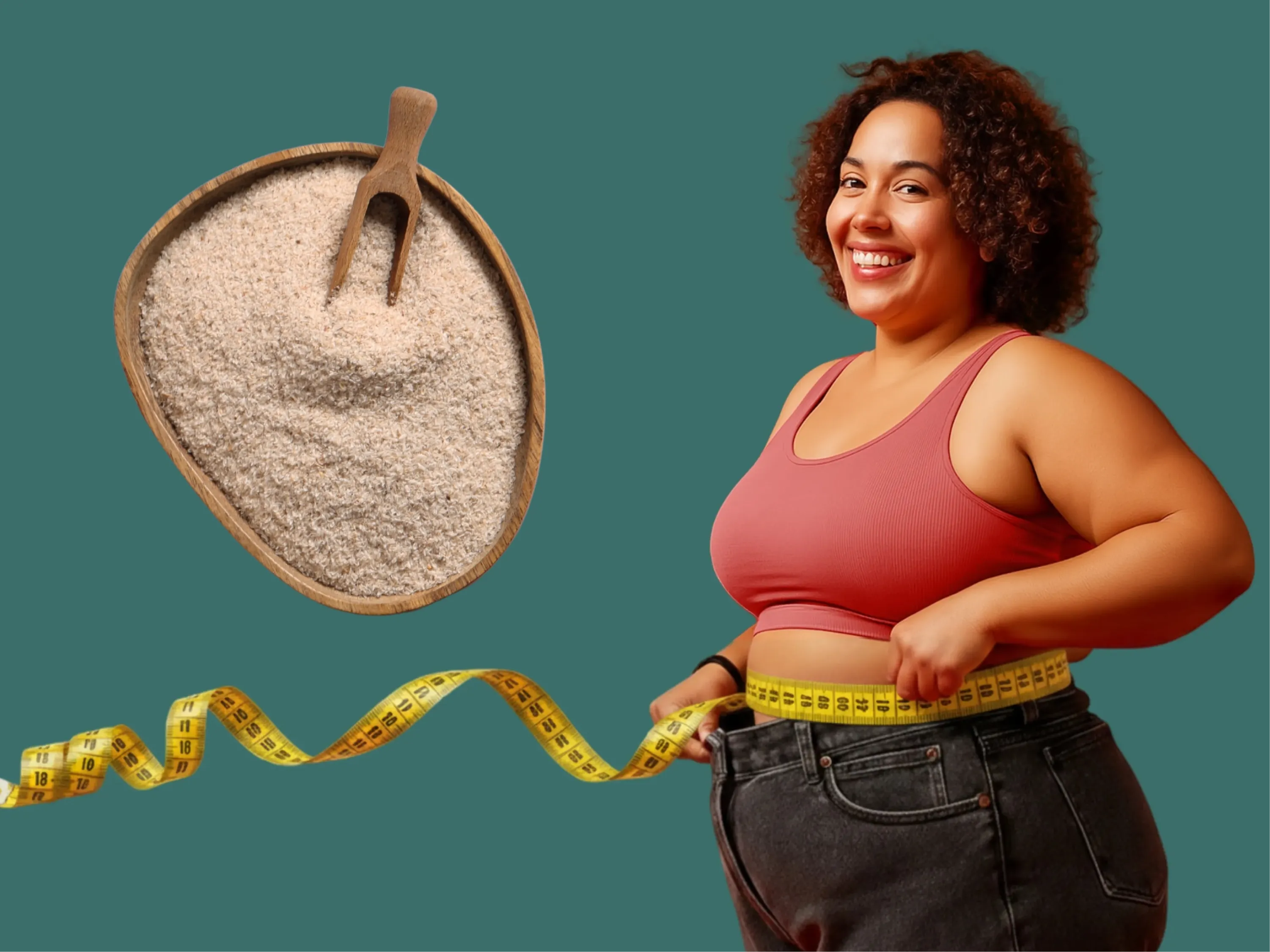 Frau misst Taille mit Maßband neben einer Schale Flohsamenschalen als Symbolbild für das Abnehmen mit Flohsamenschalen.