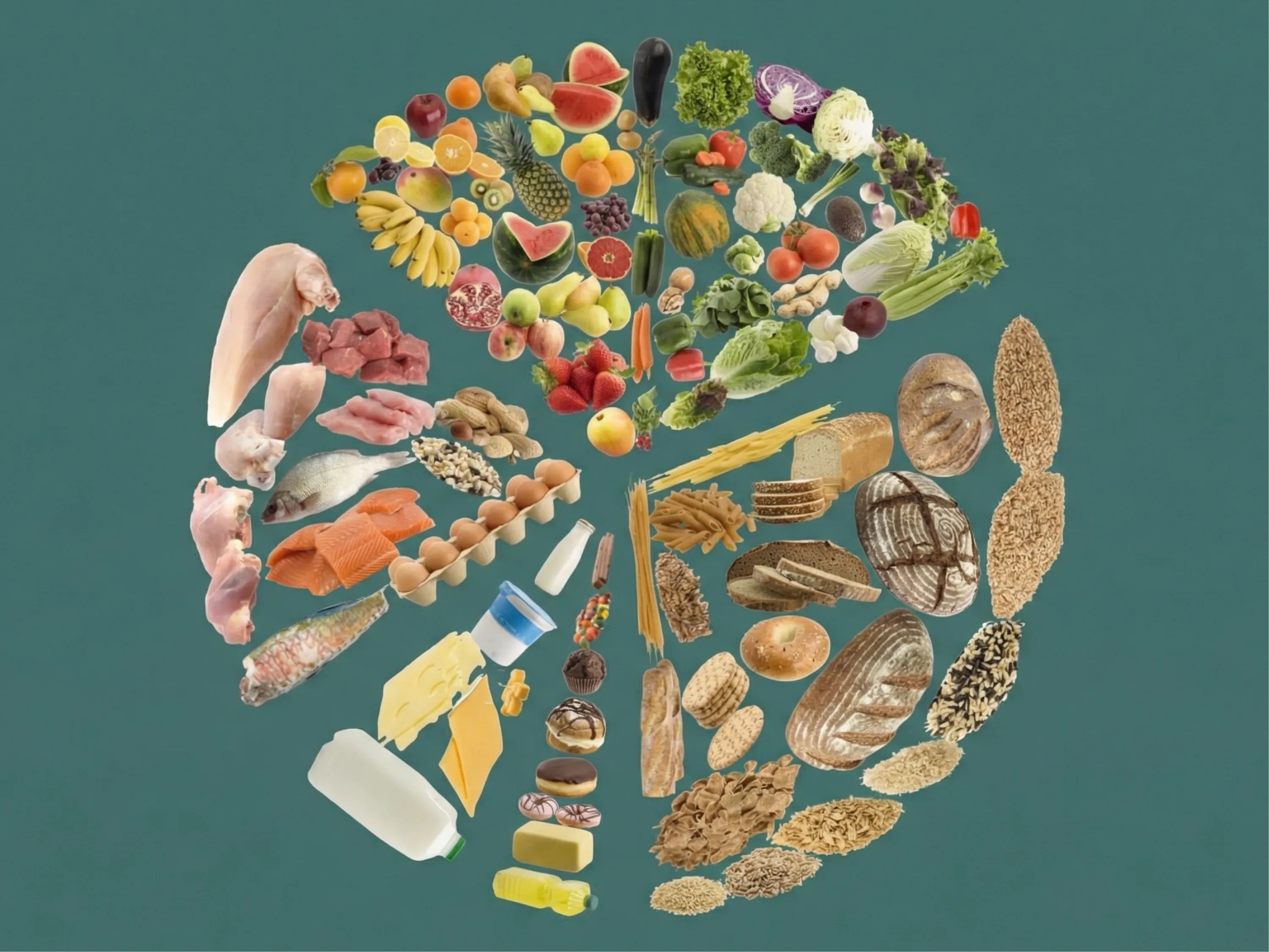 Lebensmittelgruppen aus Obst, Gemüse, Getreide, Eiweiß und Milchprodukten, welche zum Ernährungskonzept der FODMAP-Diät zählen.
