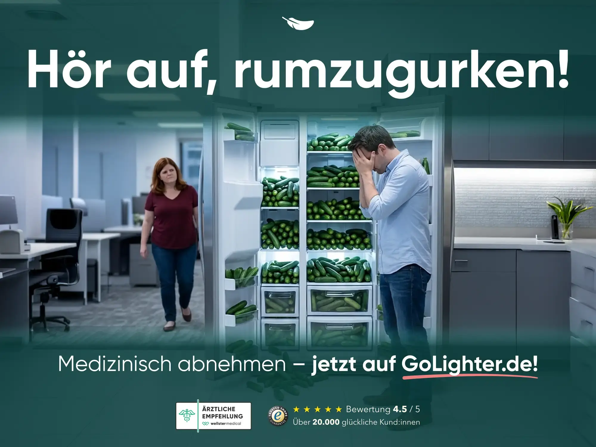Mann verzweifelt vor Gurken-Kühlschrank bei einseitiger Gurken-Diät, Text fordert zum Umdenken auf