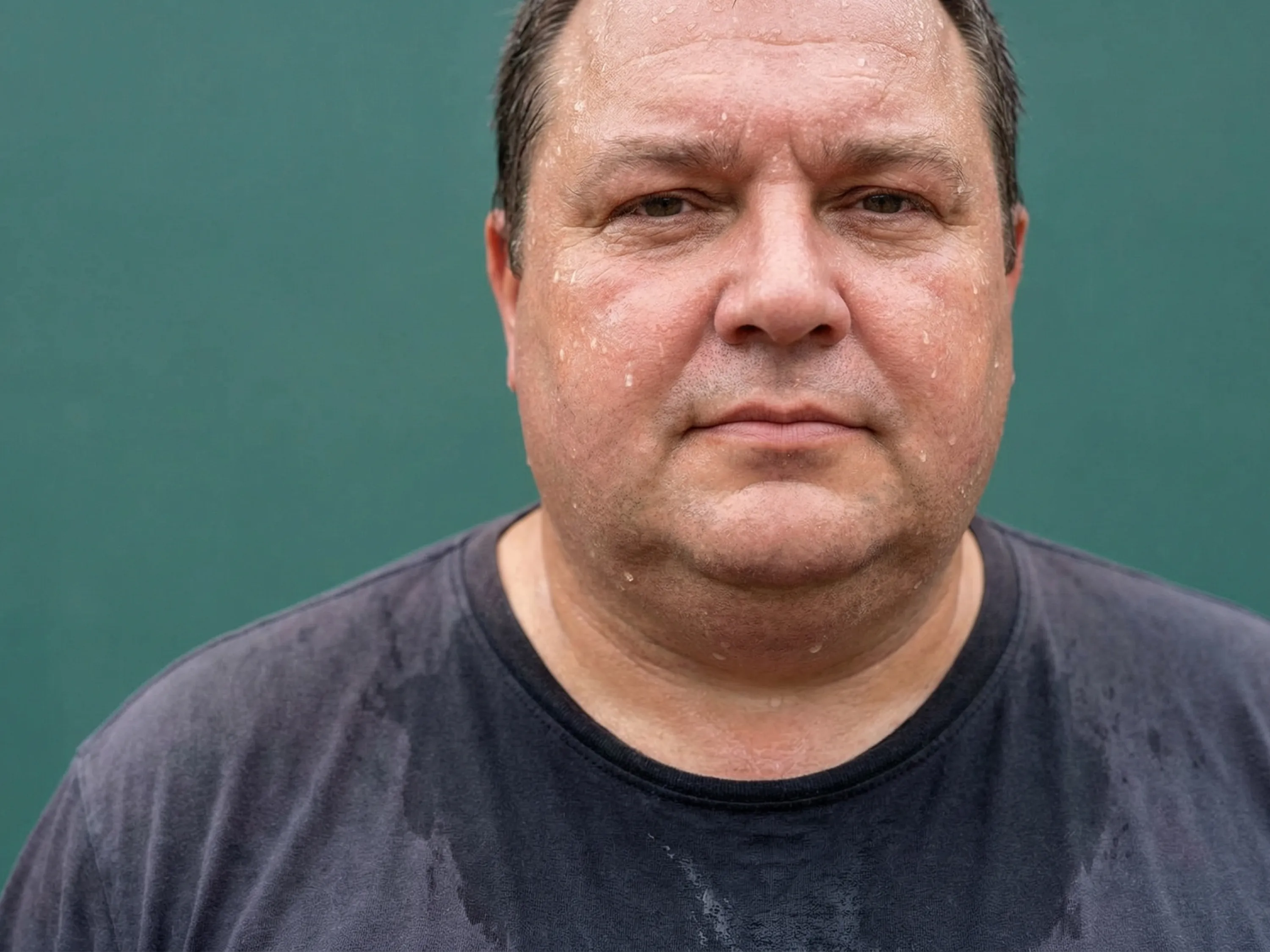 Ein stark schwitzender Mann vor grünem Hintergrund verdeutlicht das Problem Übergewicht und Schwitzen.