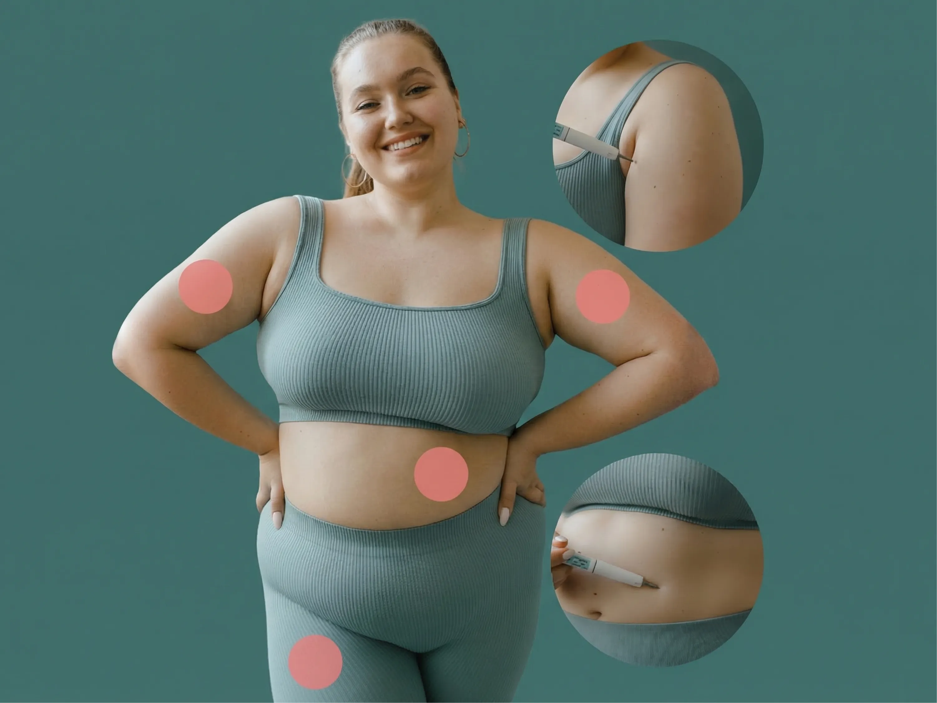 Wegovy Anwendung zeigt Injektionsstellen an Bauch, Armen und Beinen bei selbstständiger Anwendung