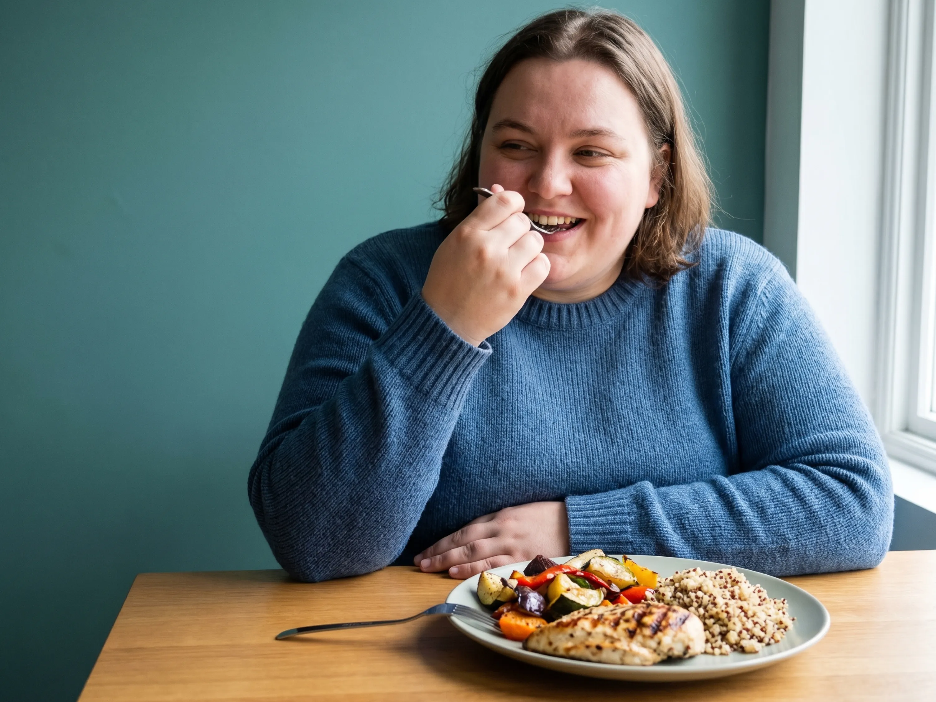 Eine lächelnde Frau genießt ihr gesundes Essen, um durch langsam essen erfolgreich abzunehmen.