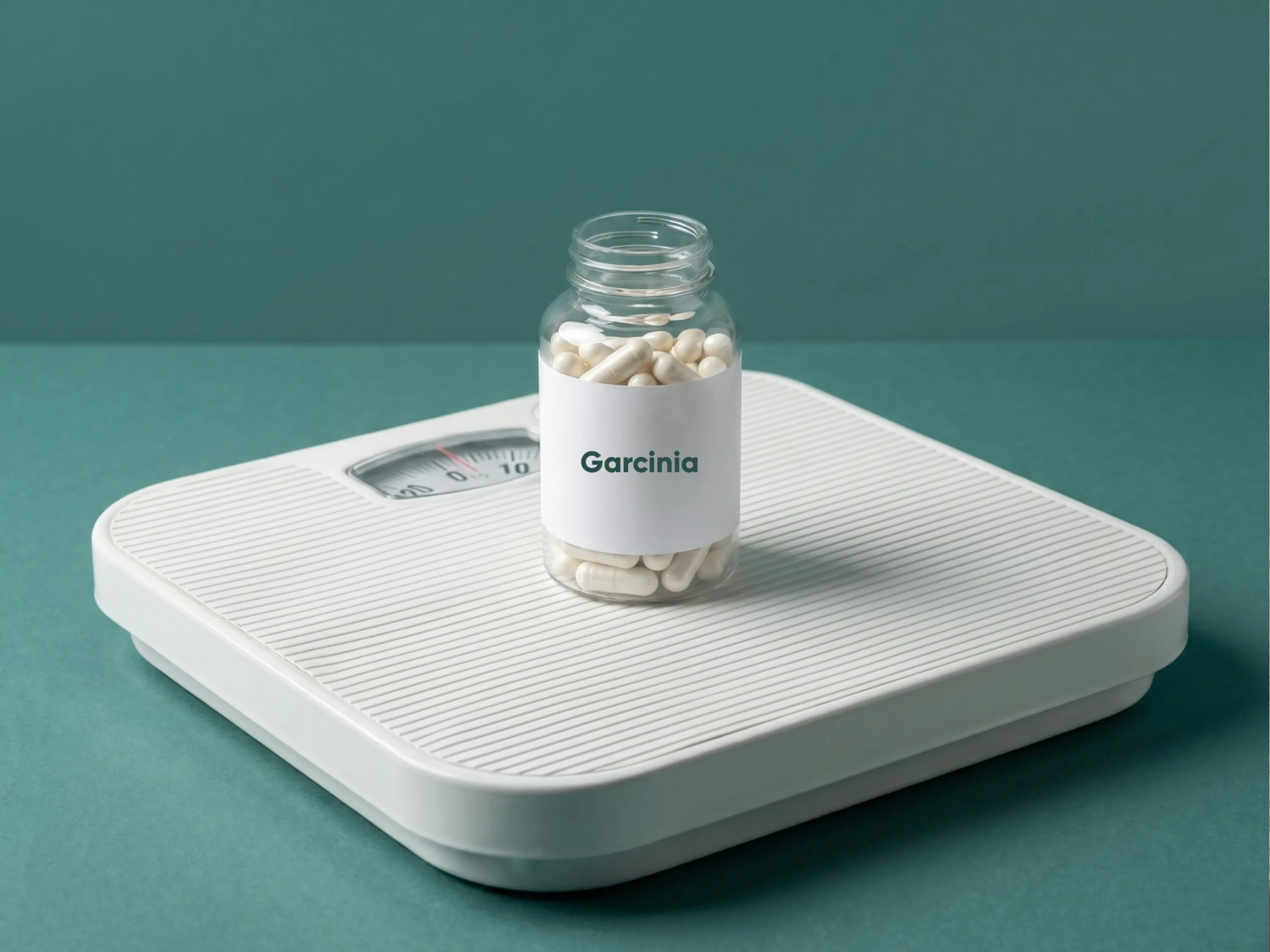 Eine Dose mit Kapseln zur Nahrungsergänzung steht auf einer Waage zum Thema Abnehmen mit Garcinia.