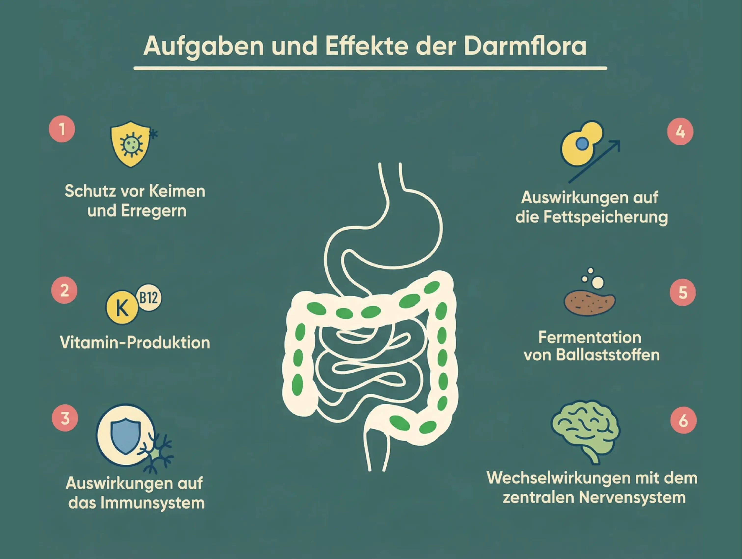 Grafik zeigt Funktionen der Darmflora und wie das Darmmikrobiom Immunsystem, Verdauung und Stoffwechsel beeinflusst