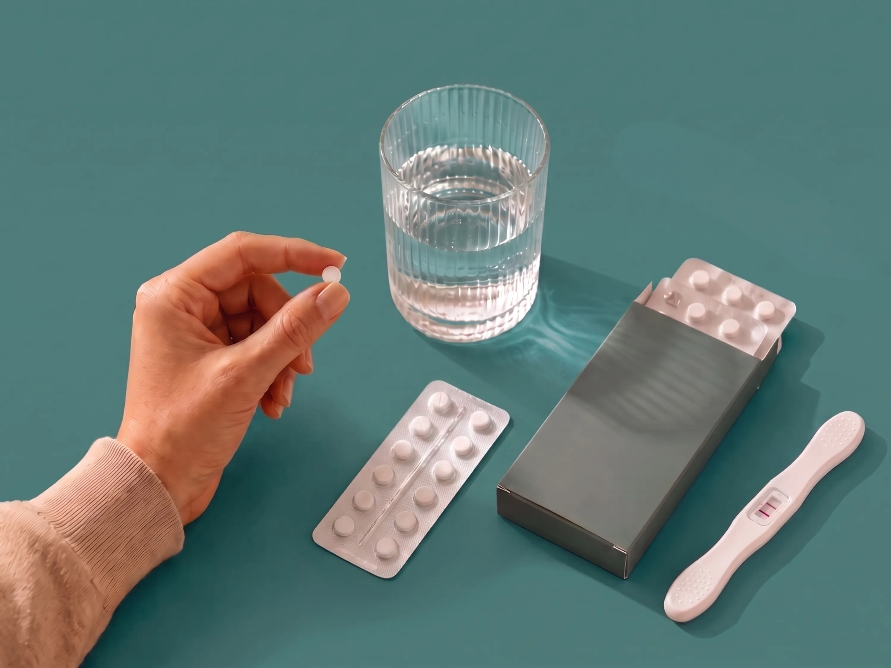 Hand mit Tablette neben Antibabypille zum Thema Wegovy® Tablette und Antibabypille.