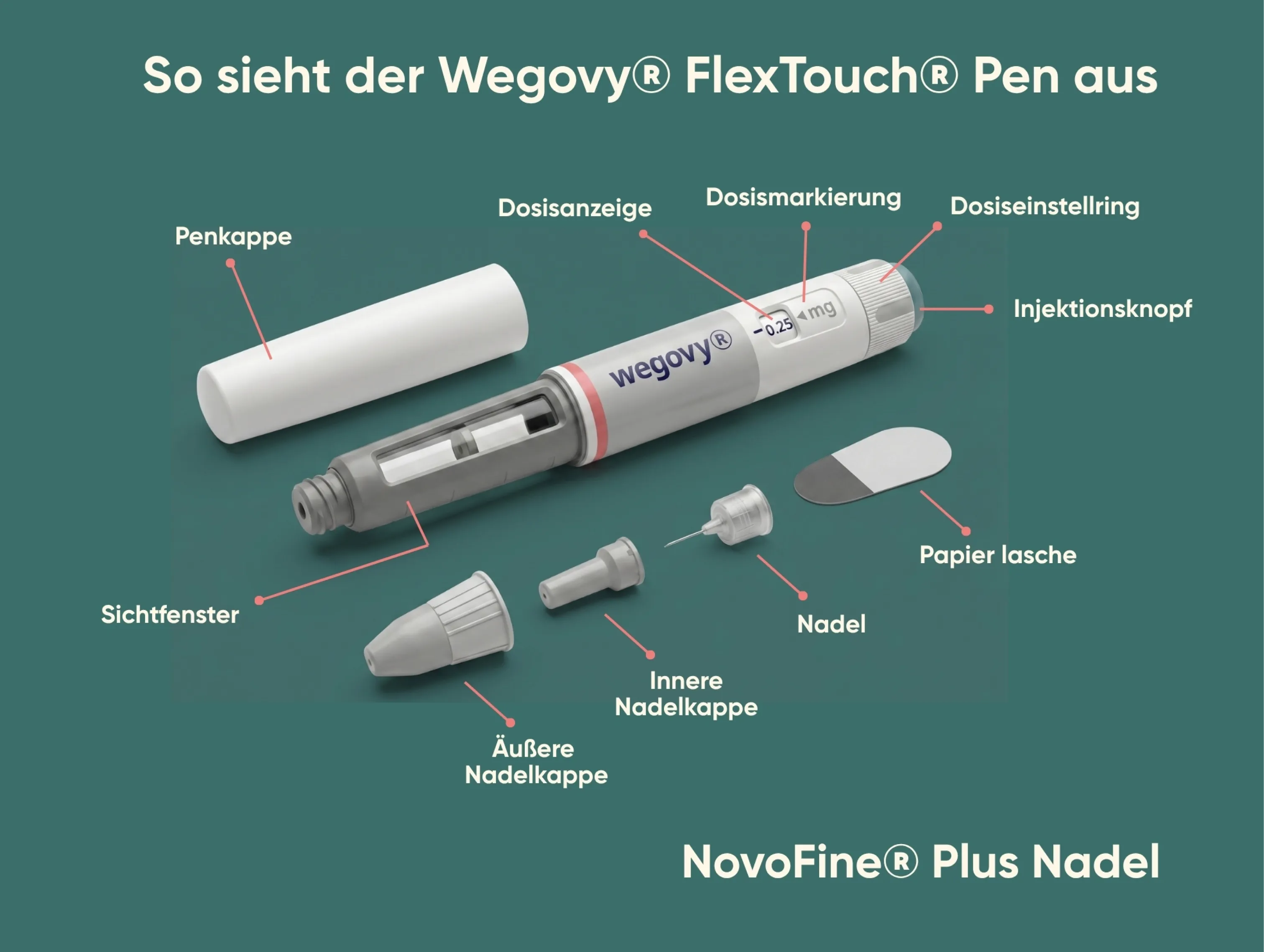 Grafik erklärt Wegovy Anwendung mit Pen-Aufbau, Dosiseinstellung und einzelnen Komponenten übersichtlich dargestellt
