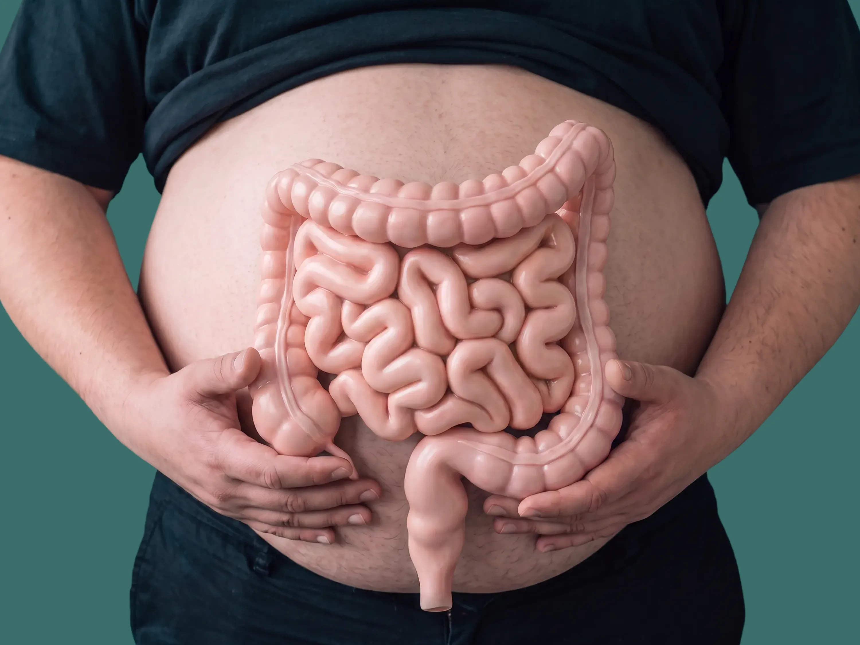 Person hält Darmmodell vor dem Bauch zum Thema Darmreinigung und Gewichtsverlust.