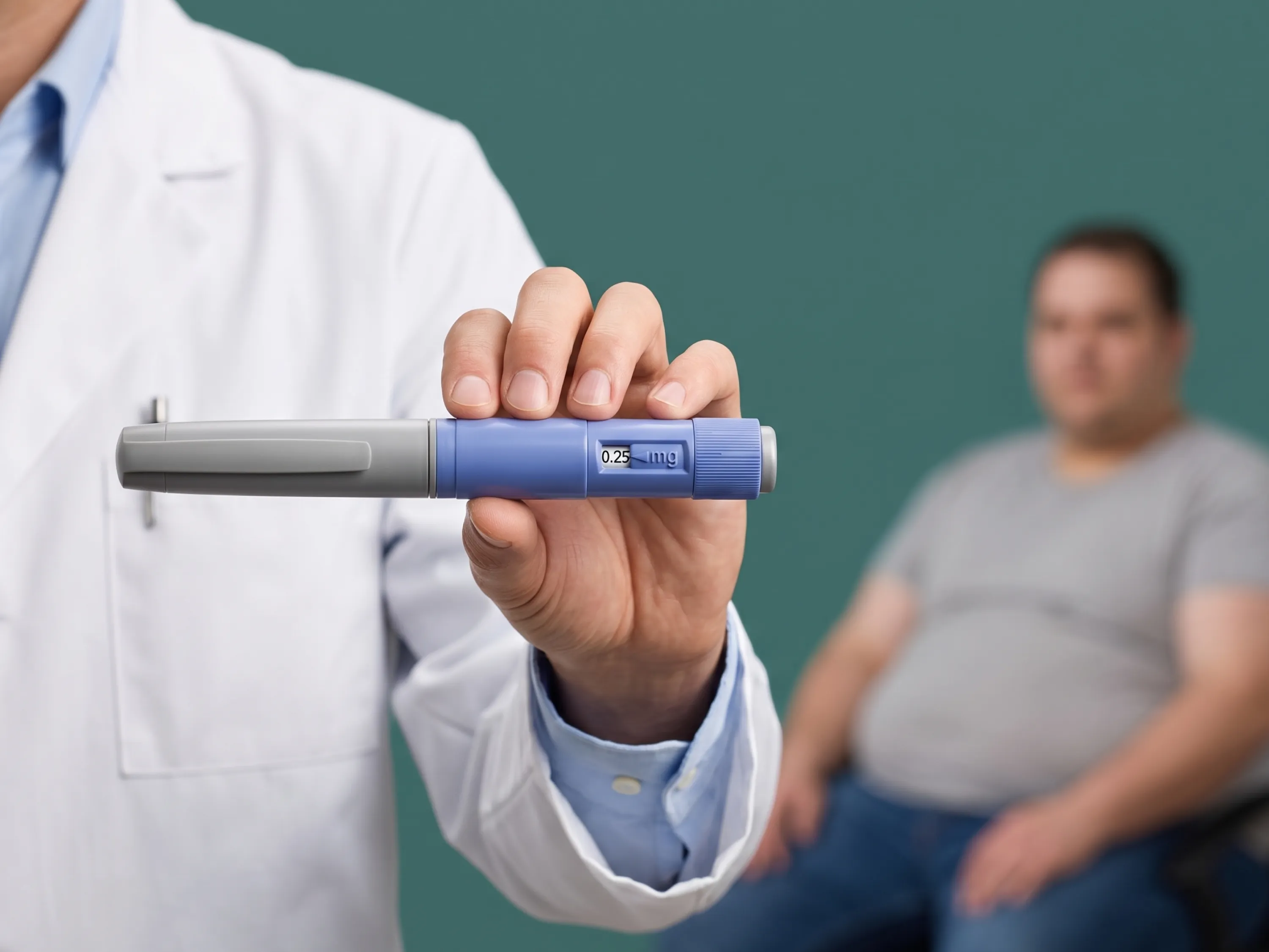 Ärztin hält einen Injektionspen in die Kamera und berät einen Patienten zur Abnehmspritze beim Hausarzt.