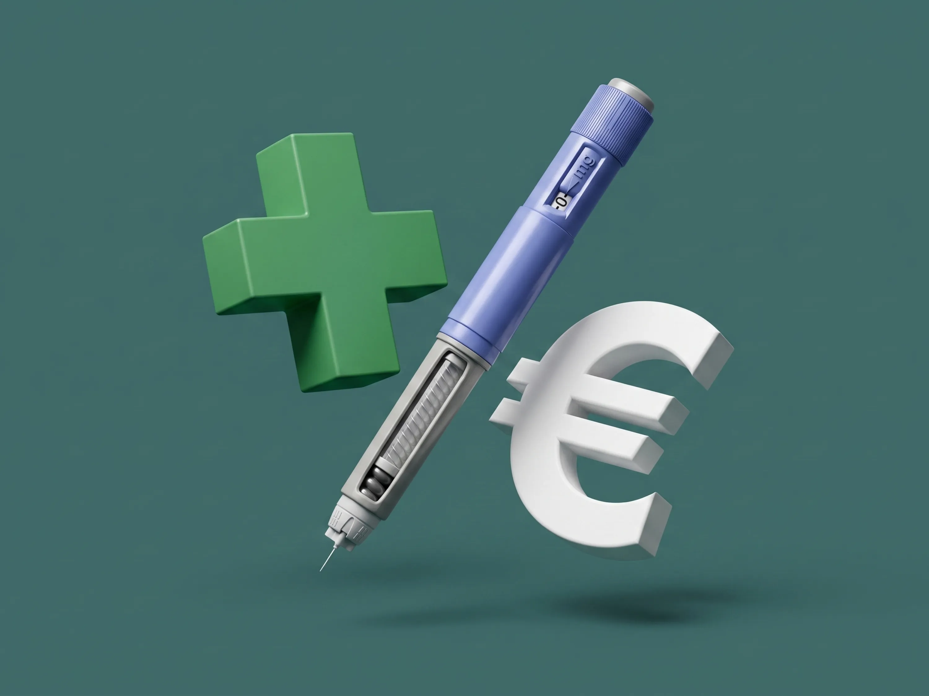 Apotheken-Kreuz, Injektionspen und Euro-Zeichen vor grünem Hintergrund, als Symbole für Kostenübernahme der Abnehmspritze durch die Krankenkasse.