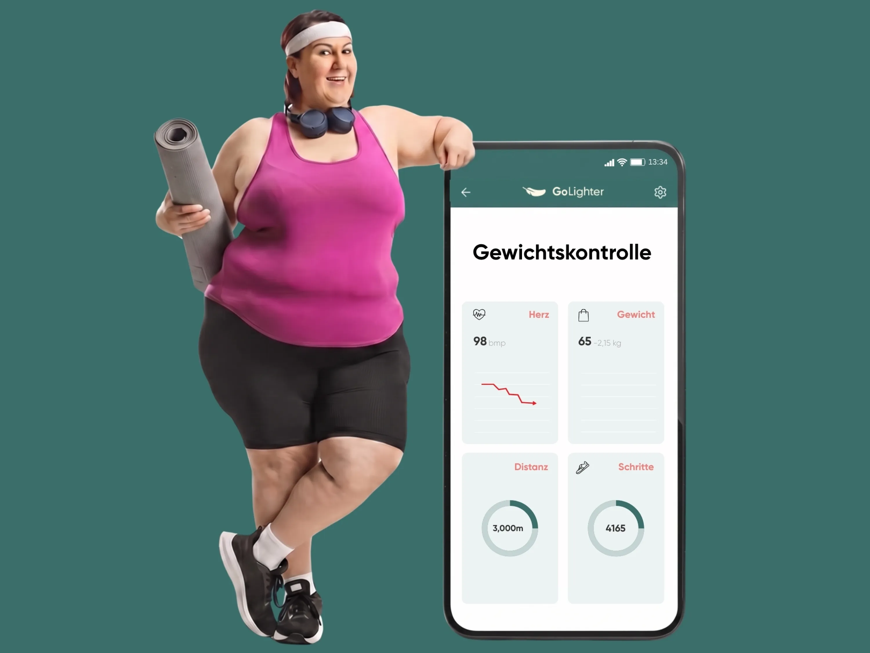 Person mit Yogamatte neben Smartphone, App zur Gewichtskontrolle zeigt Fortschritt und Aktivitätsdaten.