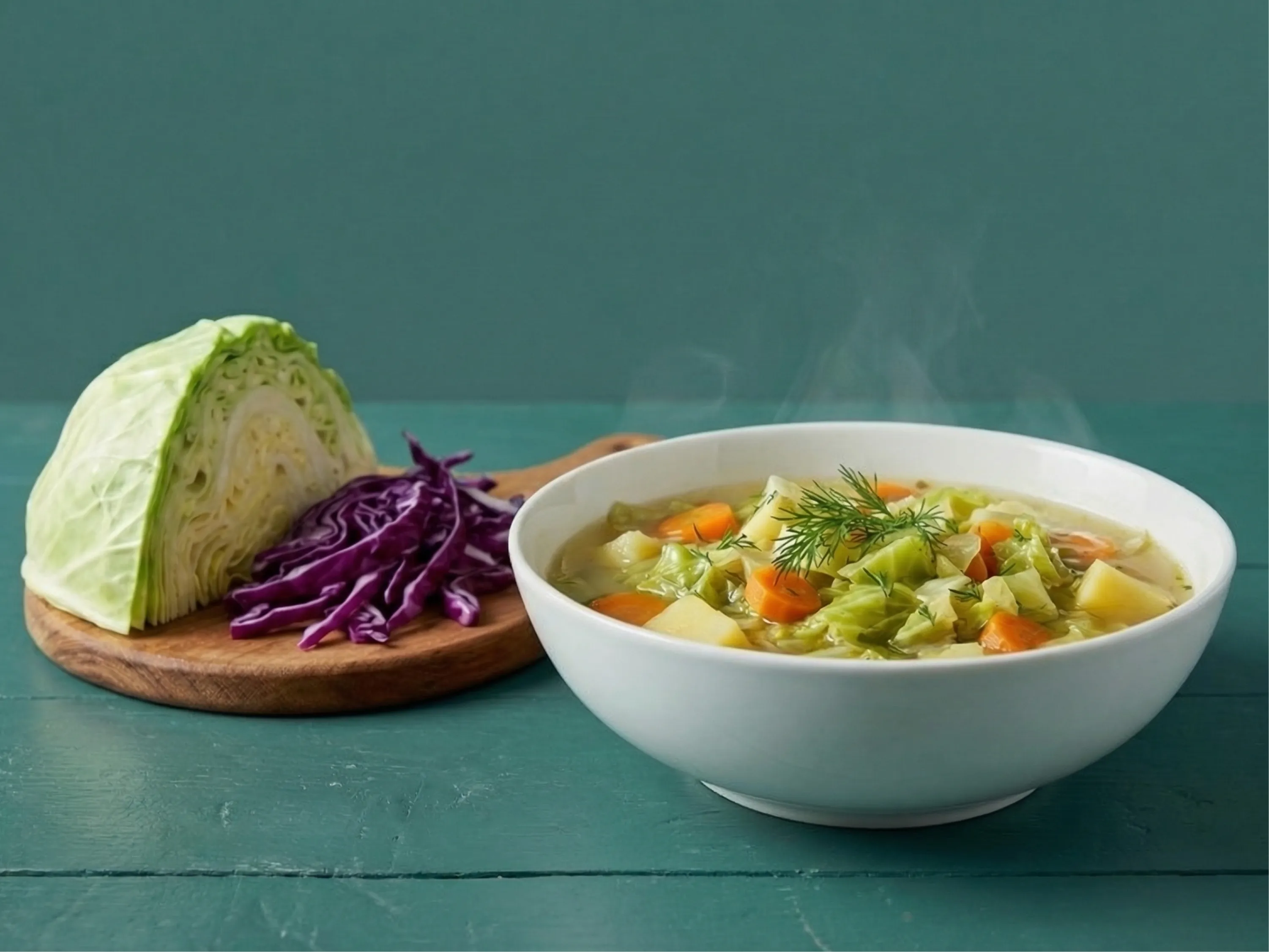 Schüssel Kohlsuppe mit Gemüse neben einem halbierten Weißkohl als Symbolbild für die Kohlsuppendiät.