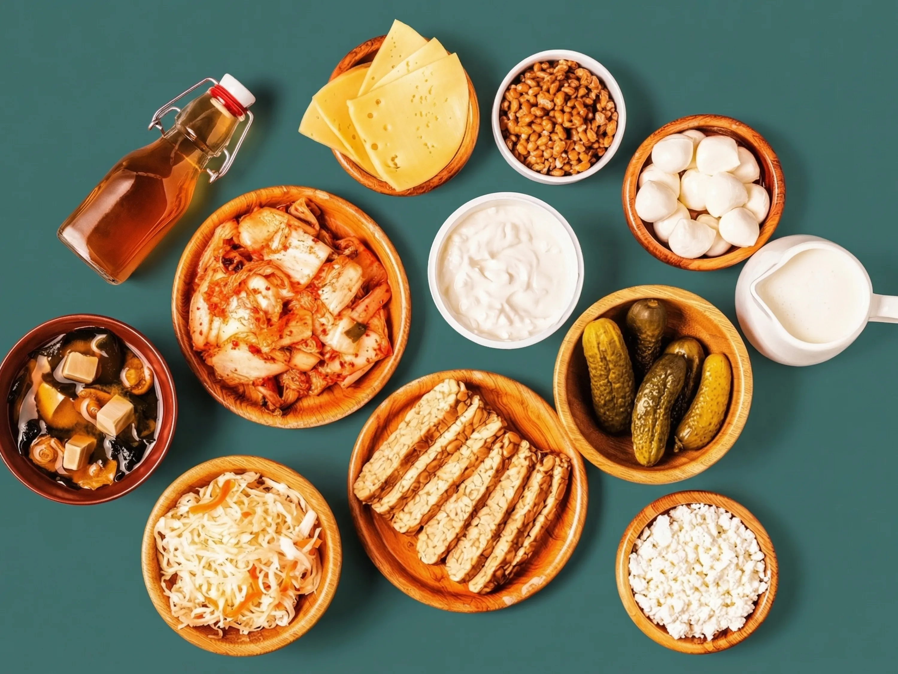 Verschiedene probiotische Lebensmittel wie Kimchi, Joghurt, Käse und eingelegtes Gemüse, Symbolbild für Abnehmen mit Probiotika