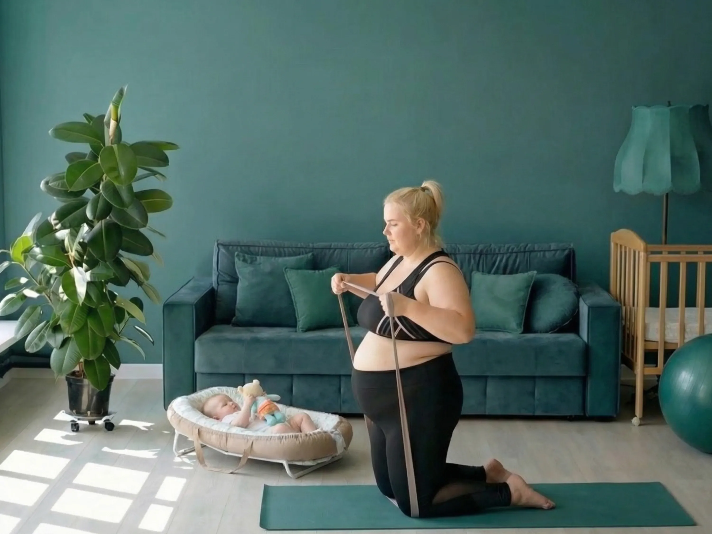 Abnehmen nach der Schwangerschaft: Mutter trainiert mit Fitnessband, während ihr Baby neben ihr entspannt liegt.