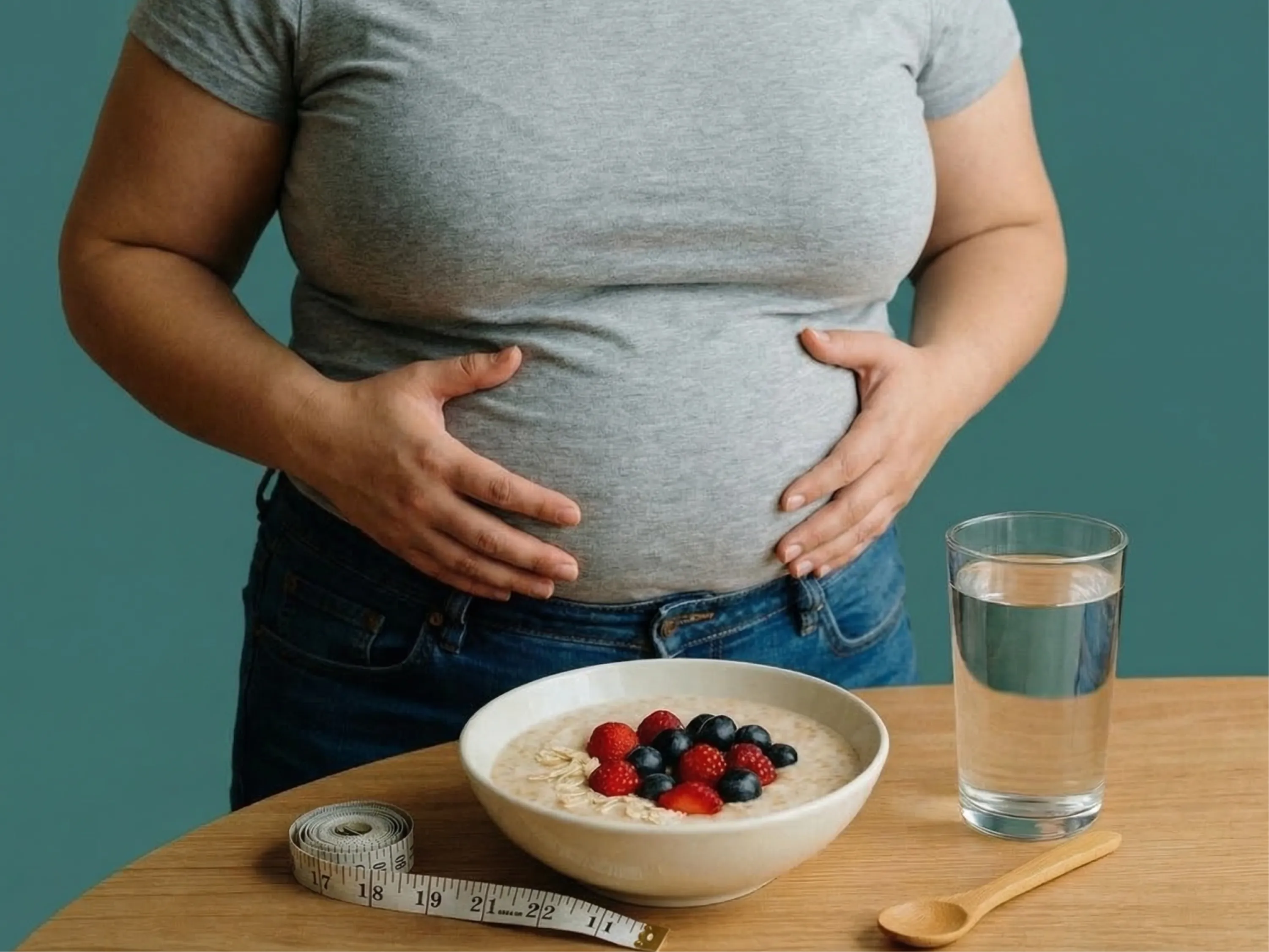 Abnehmen ohne Hunger: Sättigendes Porridge mit Beeren steht vor einer Person mit beiden Händen am Bauch.