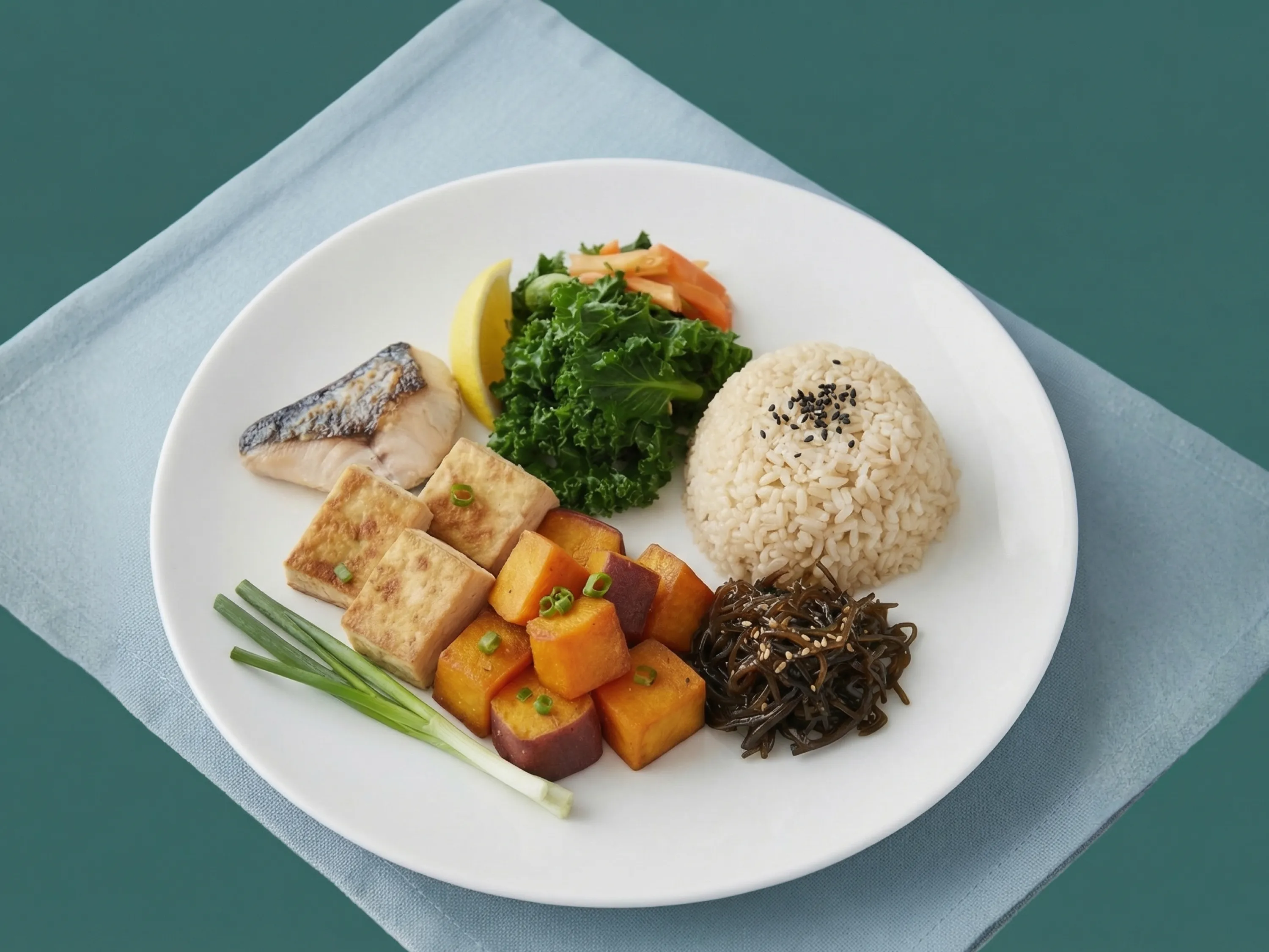 Ausgewogener Teller mit Lebensmittel bei einer Okinawa-Diät: Fisch, Reis, Gemüse und Tofu.