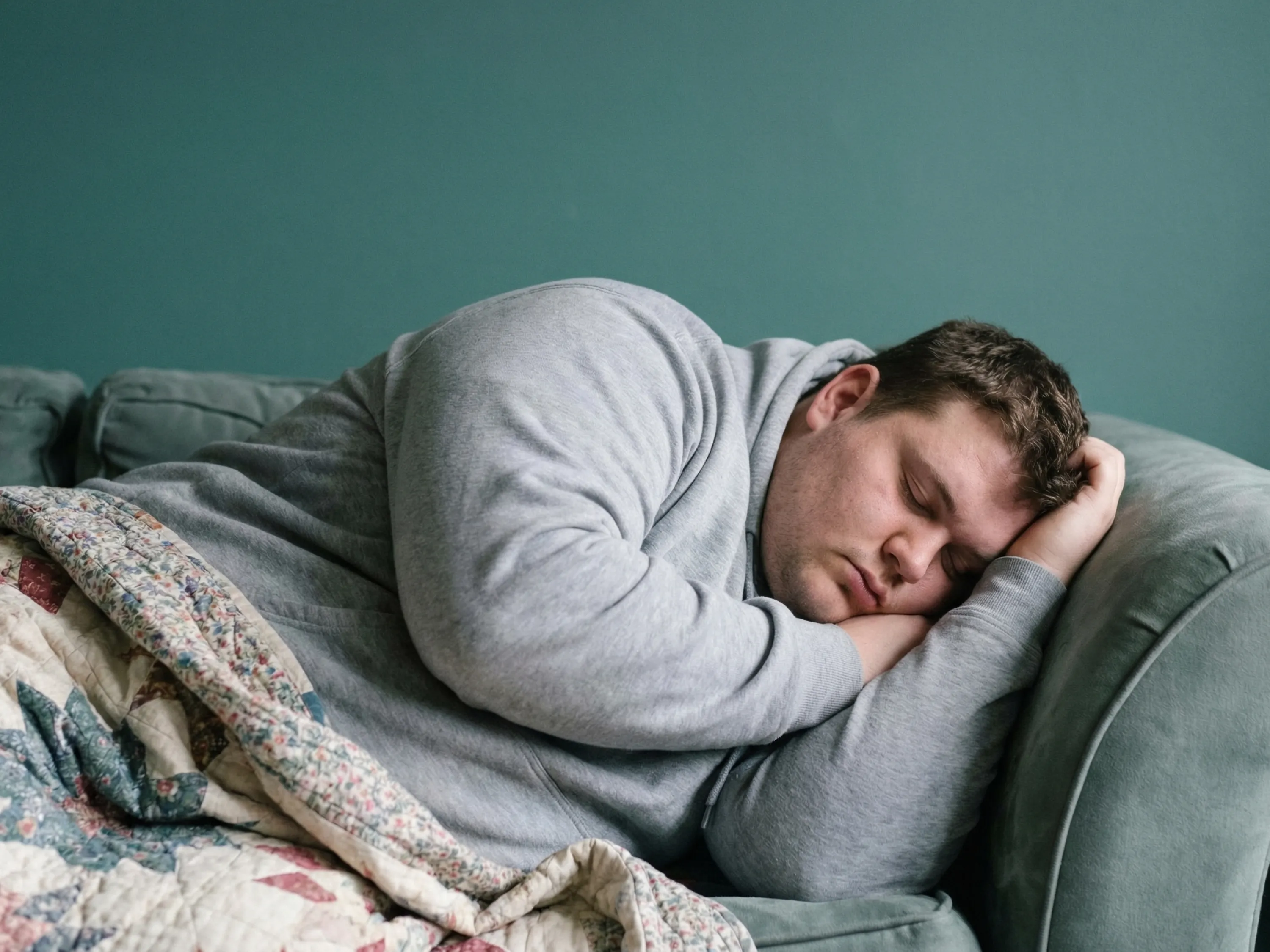 Schlank im Schlaf: Mann schläft eingekuschelt auf dem Sofa und vermittelt die Bedeutung erholsamer Nächte.