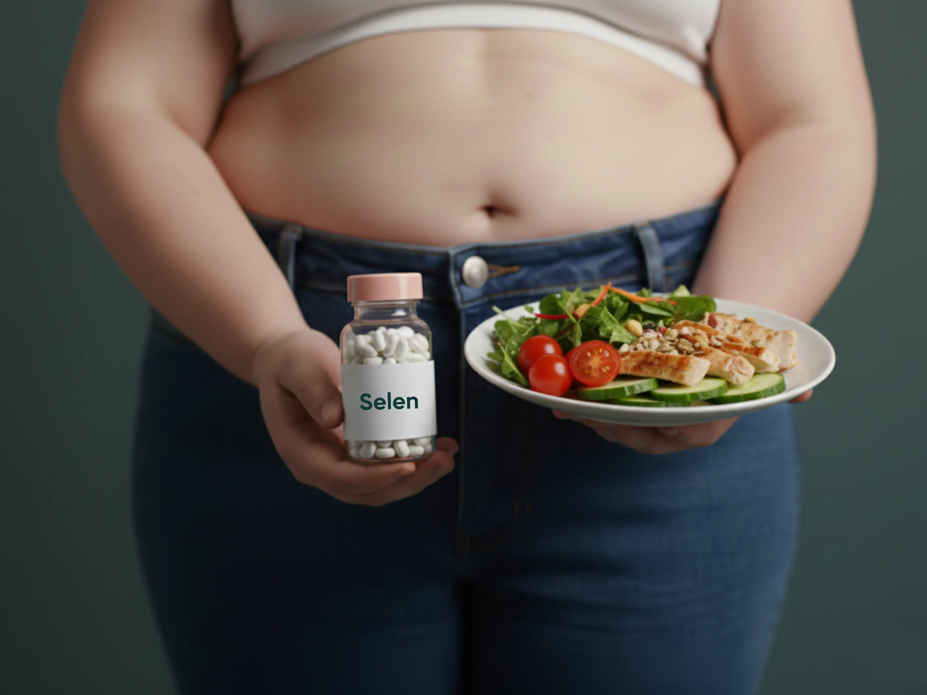 Abnehmen mit Selen: Salat, Selenpräparat und ausgewogene Ernährung in Kombination.