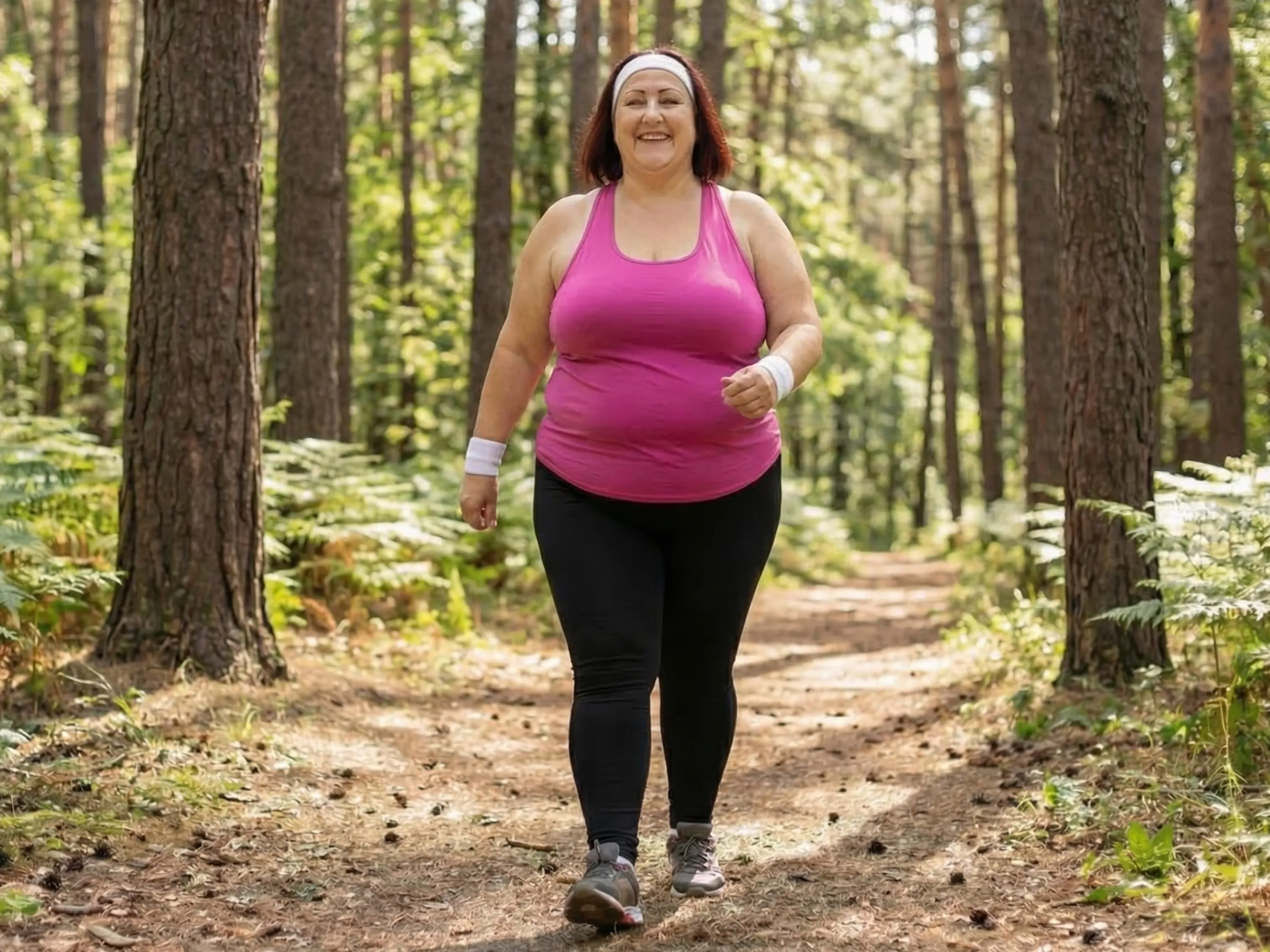 Abnehmen durch Spazieren: Frau geht lächelnd über einen sonnigen Waldweg, Schritt für Schritt.