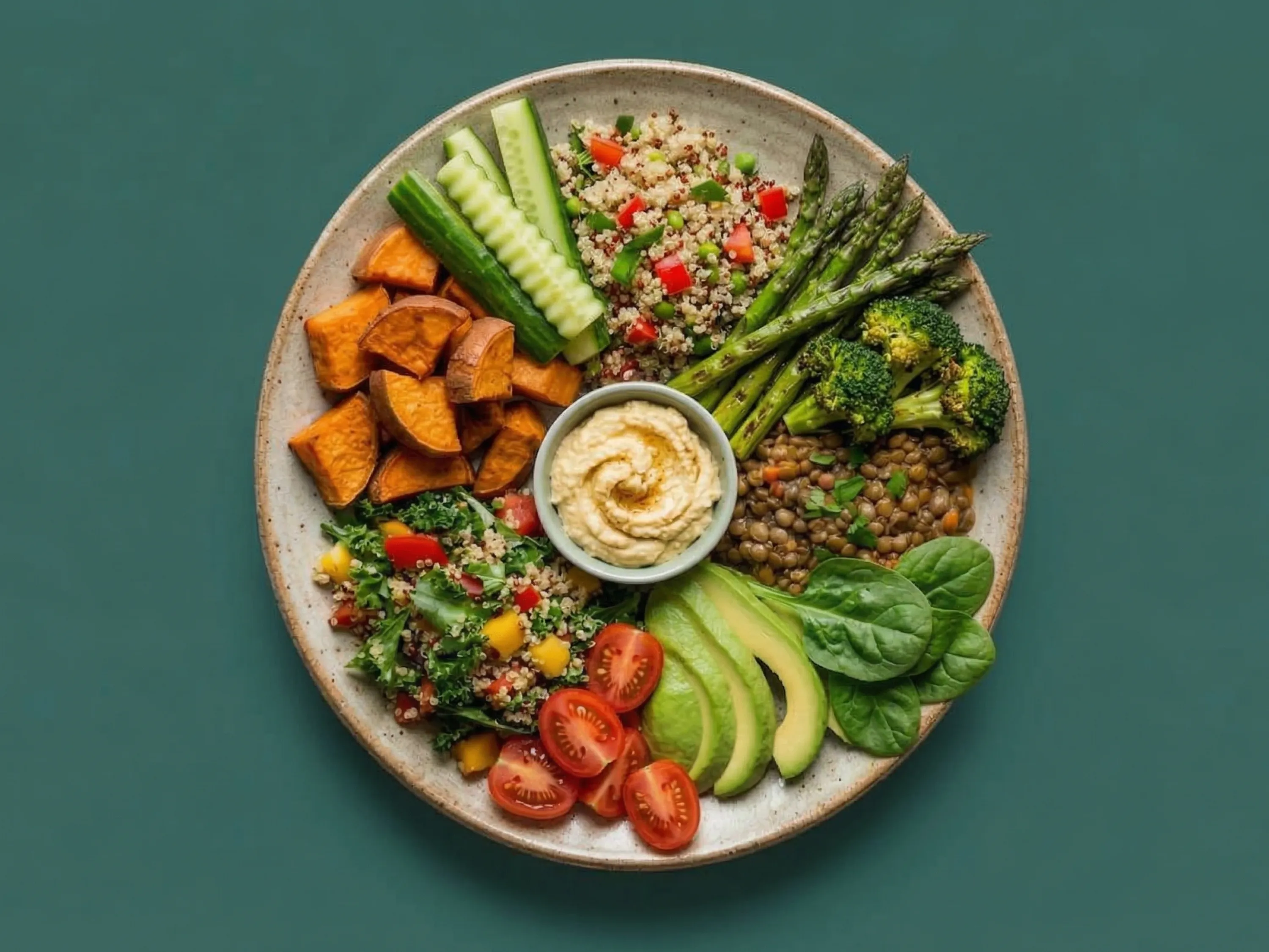 Vegan Abnehmen: Bunte Bowl mit Gemüse, Hülsenfrüchten und Avocado für eine ausgewogene Ernährung.