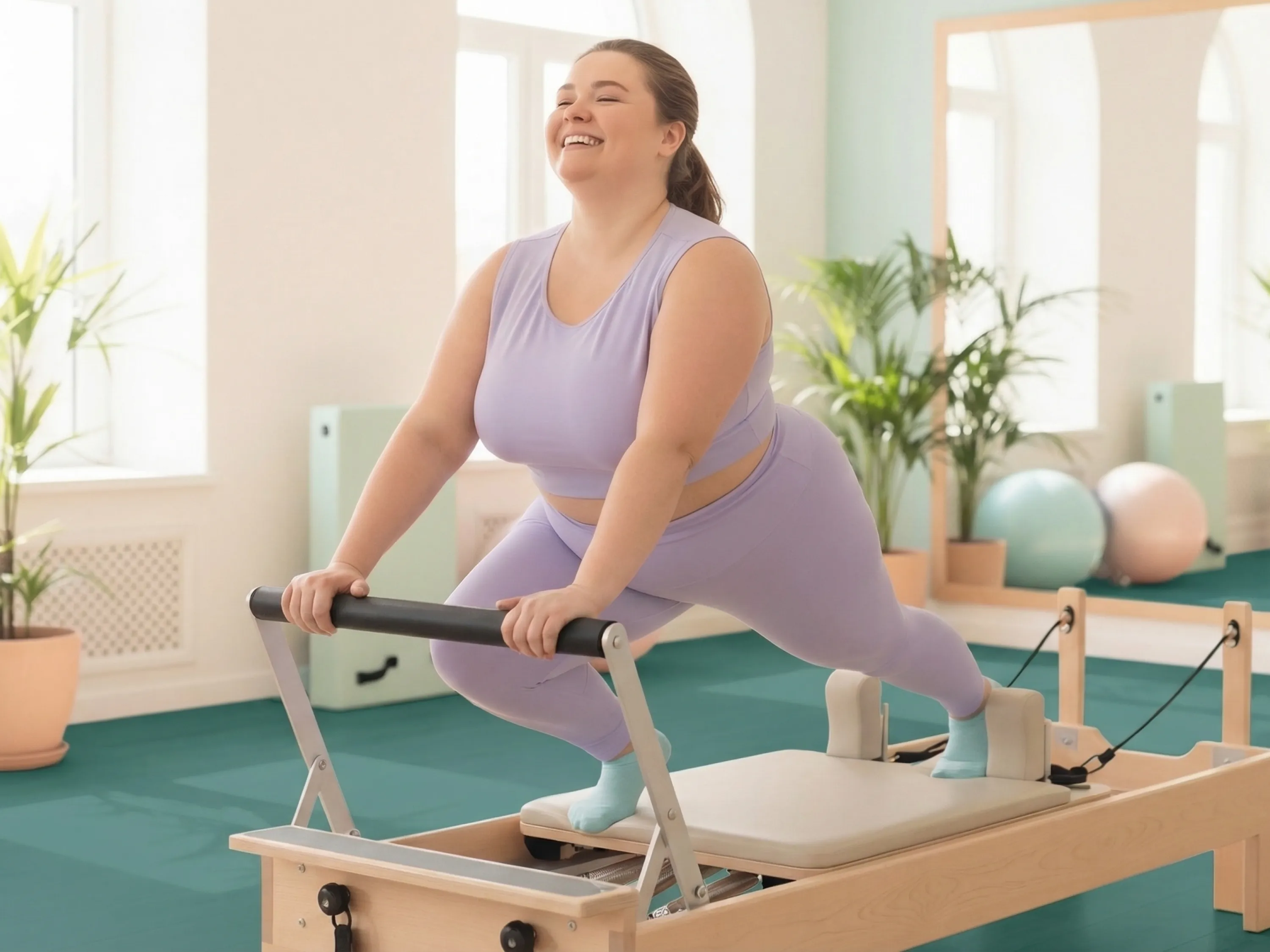 Abnehmen mit Pilates: Frau trainiert mit einem Pilates-Gerät in einem hellen Fitnessstudio