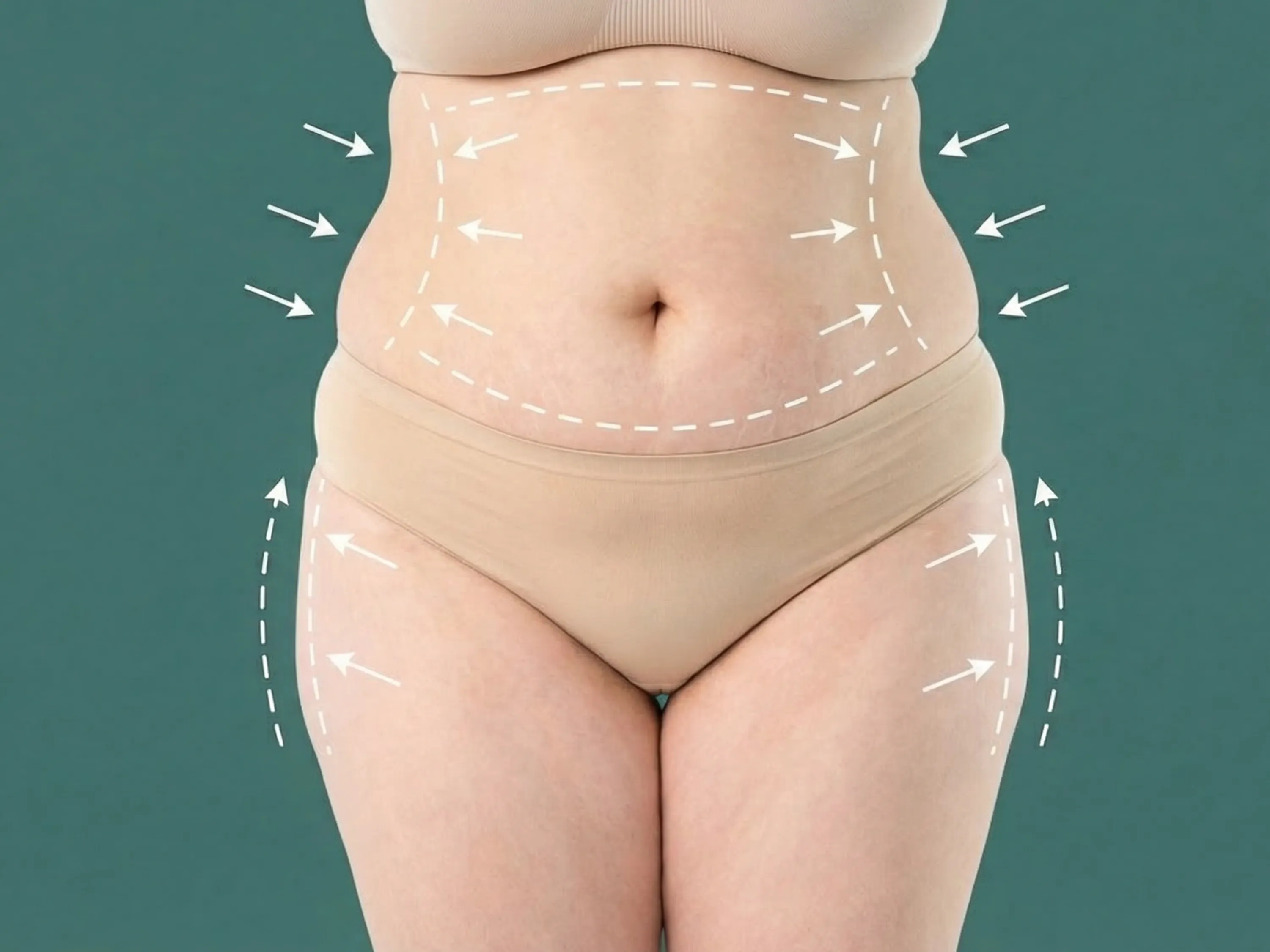 Nahaufnahme von Bauch und Hüften mit Markierungen – das Taille-Hüft-Verhältnis hilft, die Fettverteilung einzuordnen.