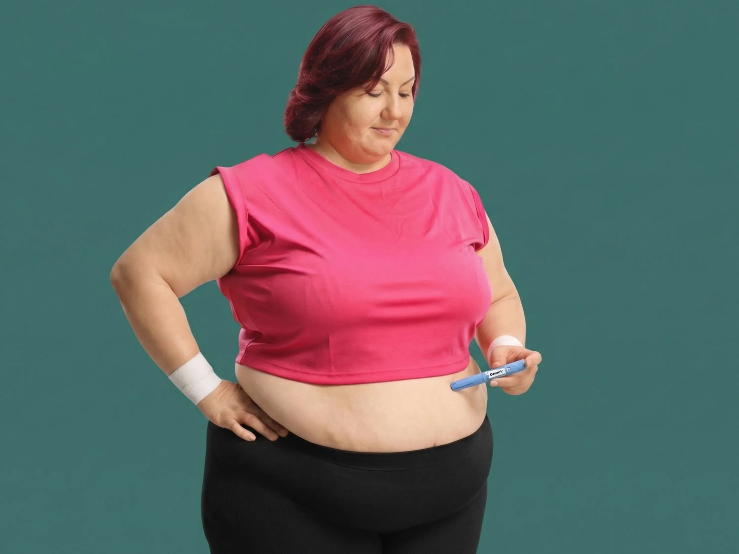 Person hält einen Ozempic®-Pen an den Bauch; das Ozempic® Anwendungsgebiet umfasst Diabetes und Adipositas.