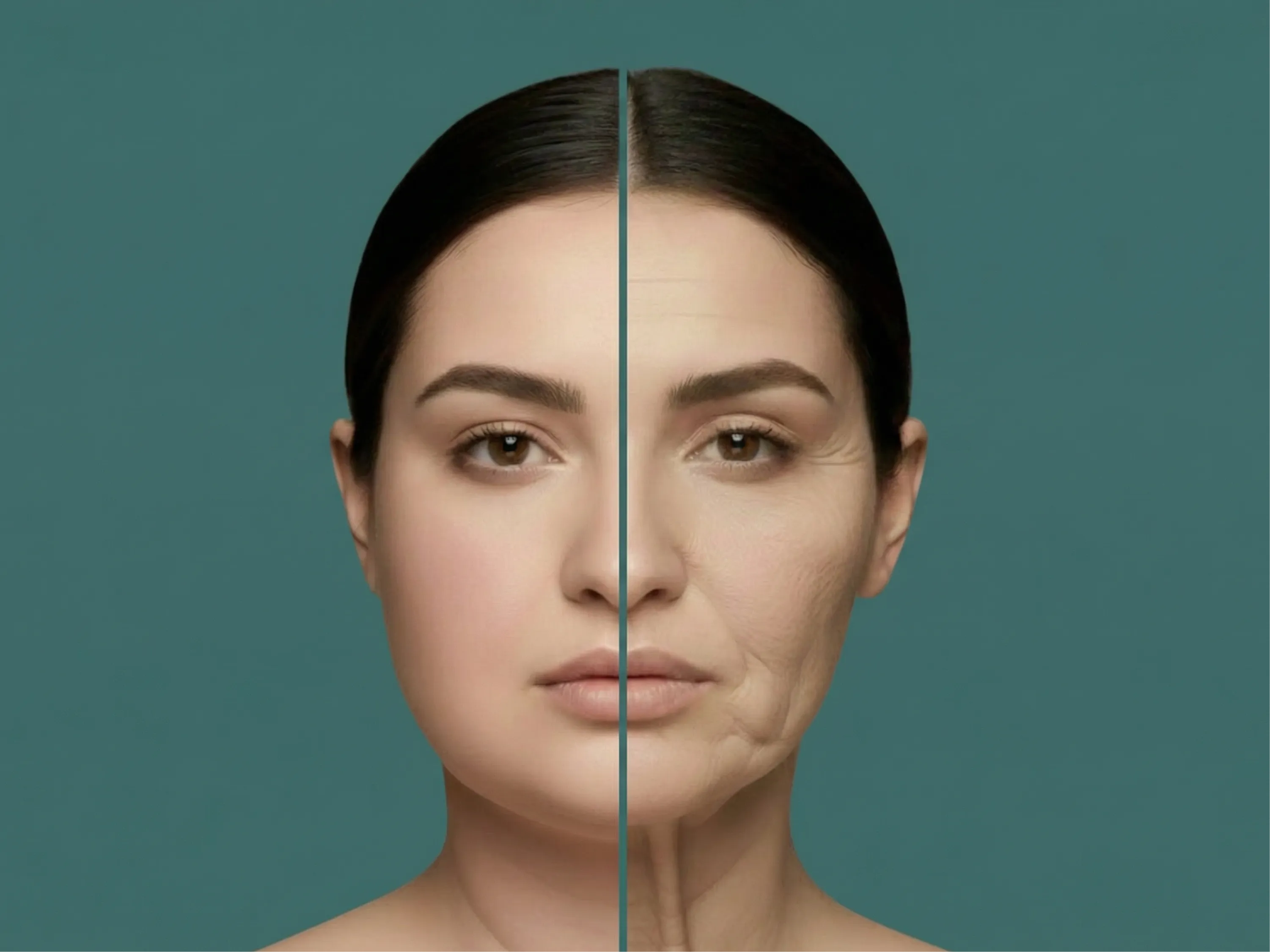 Visualisierung des sogenannten "Ozempic® Face" mit einem geteilten Porträt, das eine glatte Gesichtshälfte und eine durch Gewichtsverlust gezeichnete, eingefallene Gesichtshälfte zeigt.