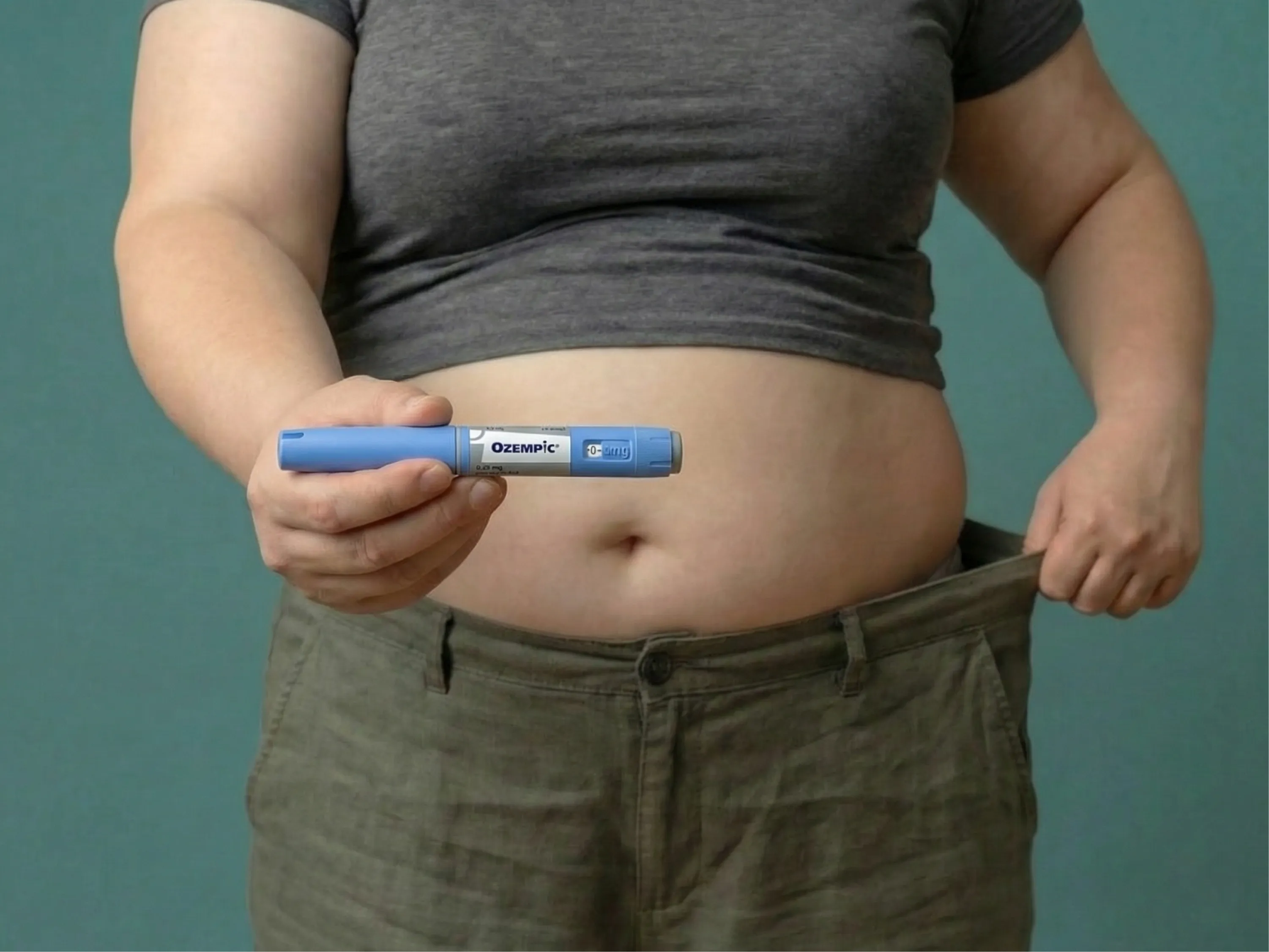 Person hält einen Ozempic®-Pen und zeigt lockerer sitzende Hose zur Ozempic Wirkung.
