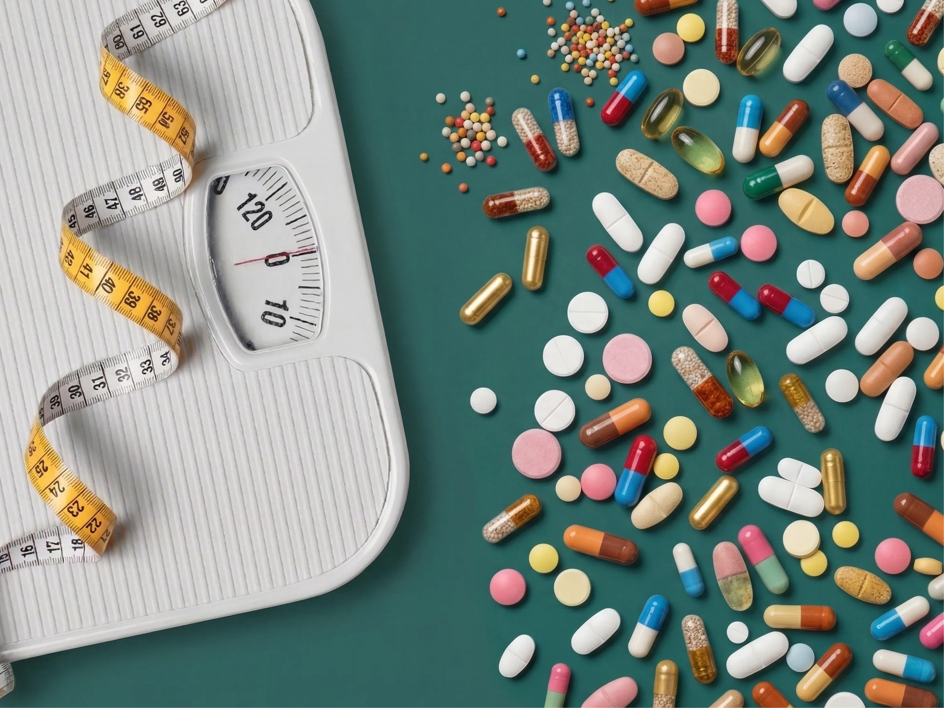 Waage mit Maßband neben vielen Medikamenten und Tabletten auf grünem Hintergrund als Symbolbild für Übergewicht durch Medikamente.