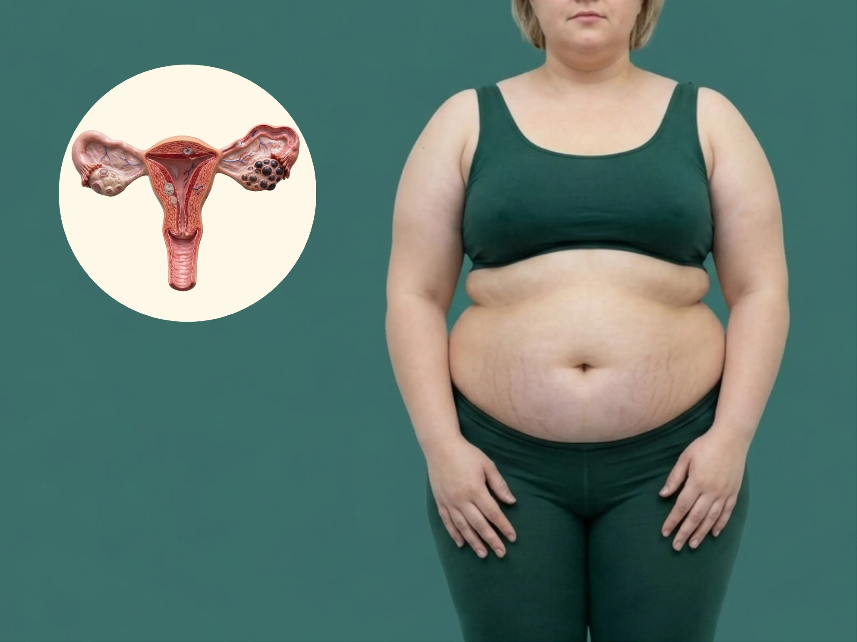 Frau mit Übergewicht neben einer Darstellung der Eierstöcke, PCO-Syndrom als mögliches Gesundheitsthema.