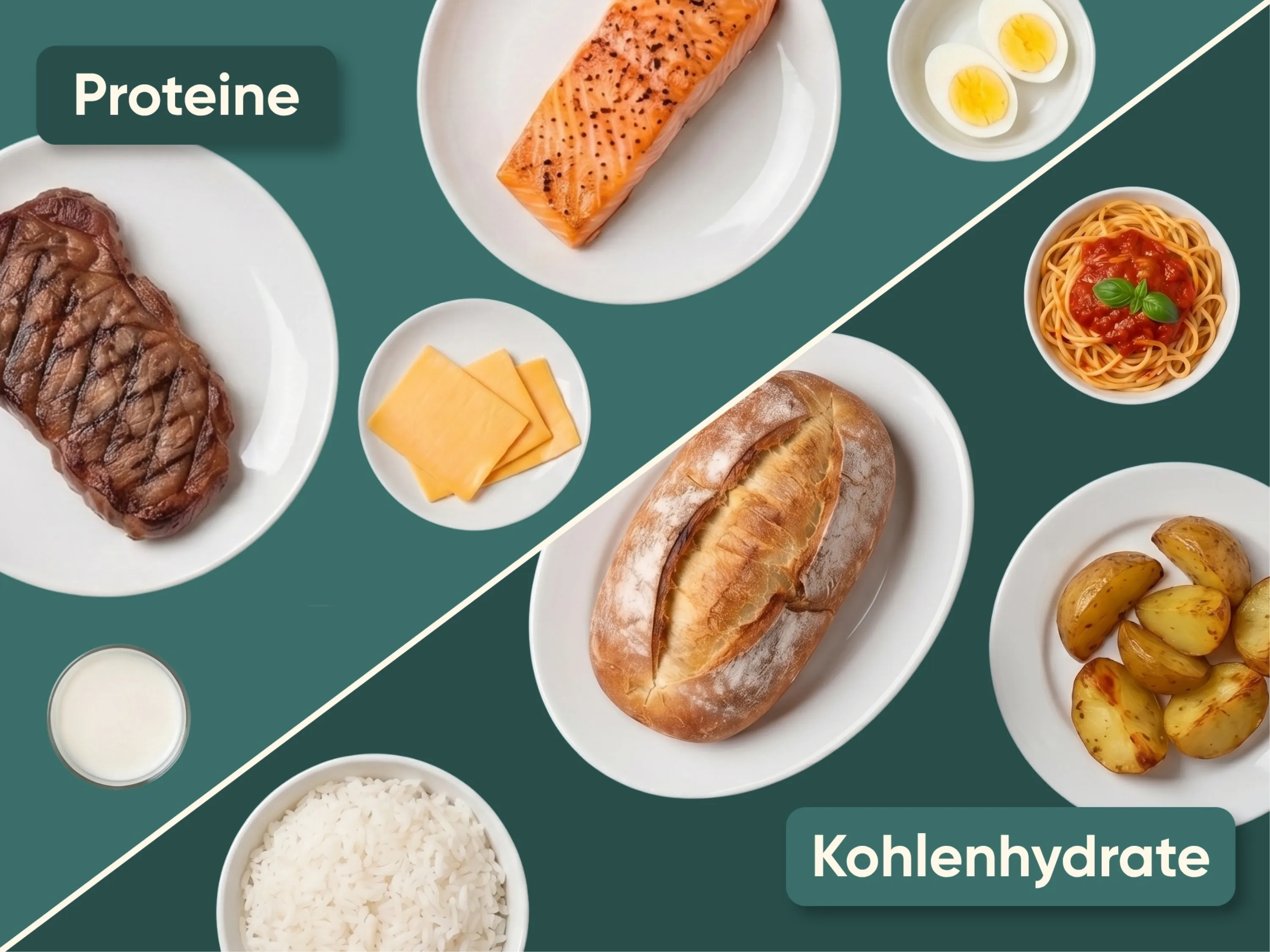Eine Übersicht zur Trennkostdiät zeigt die strikte Trennung von Proteinen und Kohlenhydraten.