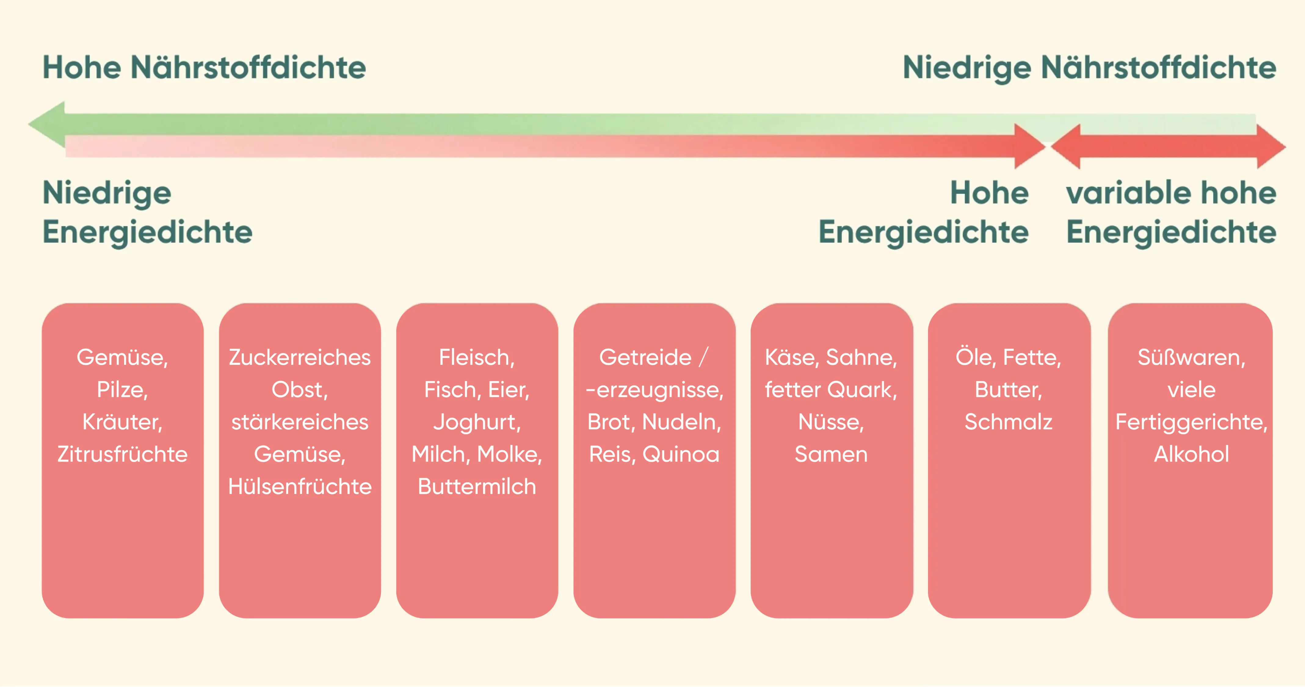 Infografik zu Nährstoffdichte und Energiedichte verschiedener Lebensmittelgruppen.