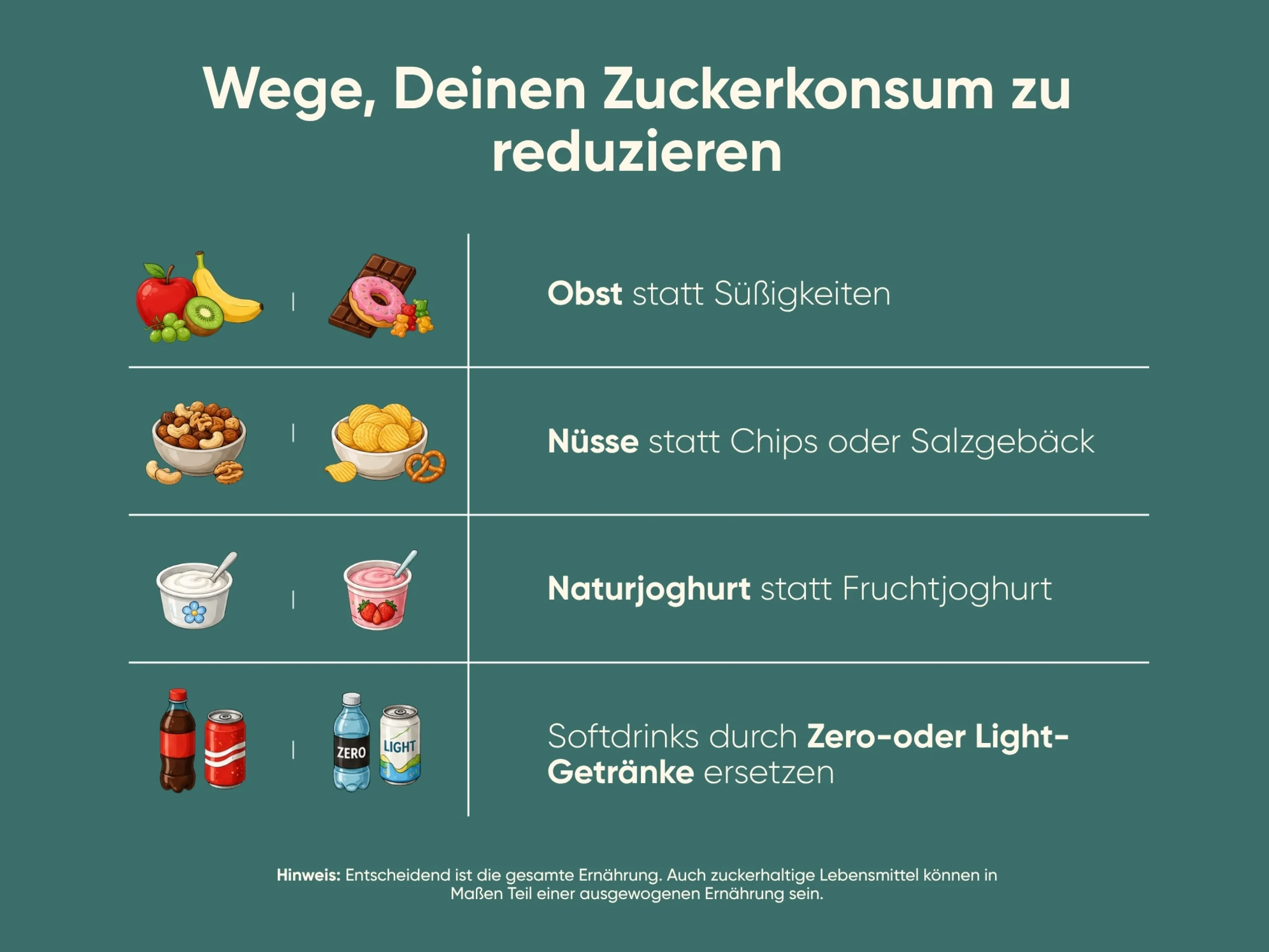 Grafische Übersicht mit vier einfachen Tipps für den Verzicht auf Zucker, darunter gesündere Alternativen wählen, frisches Obst und Gemüse, selbstgemachte Snacks und zuckerarme Getränke.
