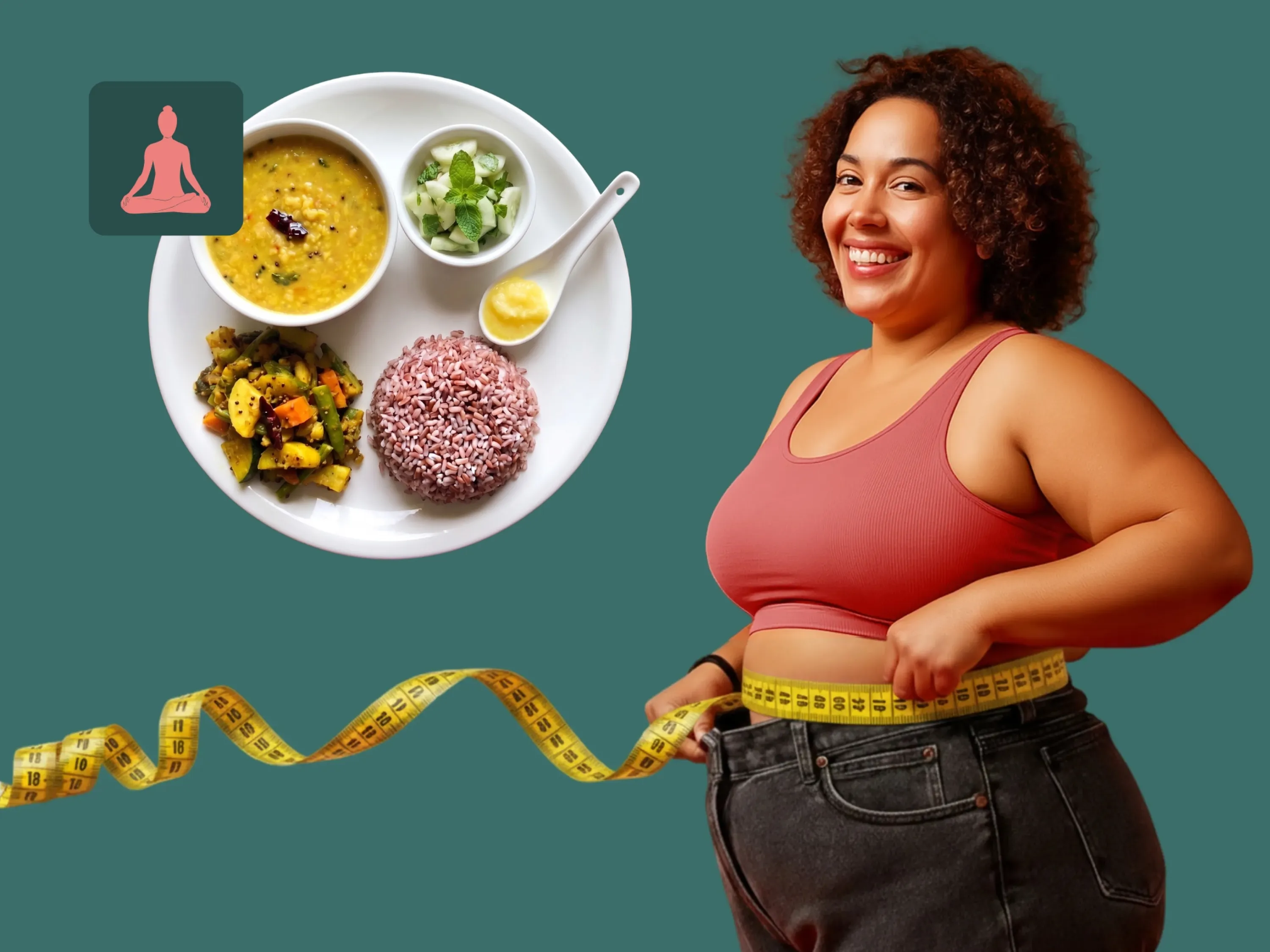 Abnehmen mit Ayurveda: Frau misst ihren Bauchumfang neben ayurvedischer Mahlzeit mit Reis, Gemüse und Linsensuppe.